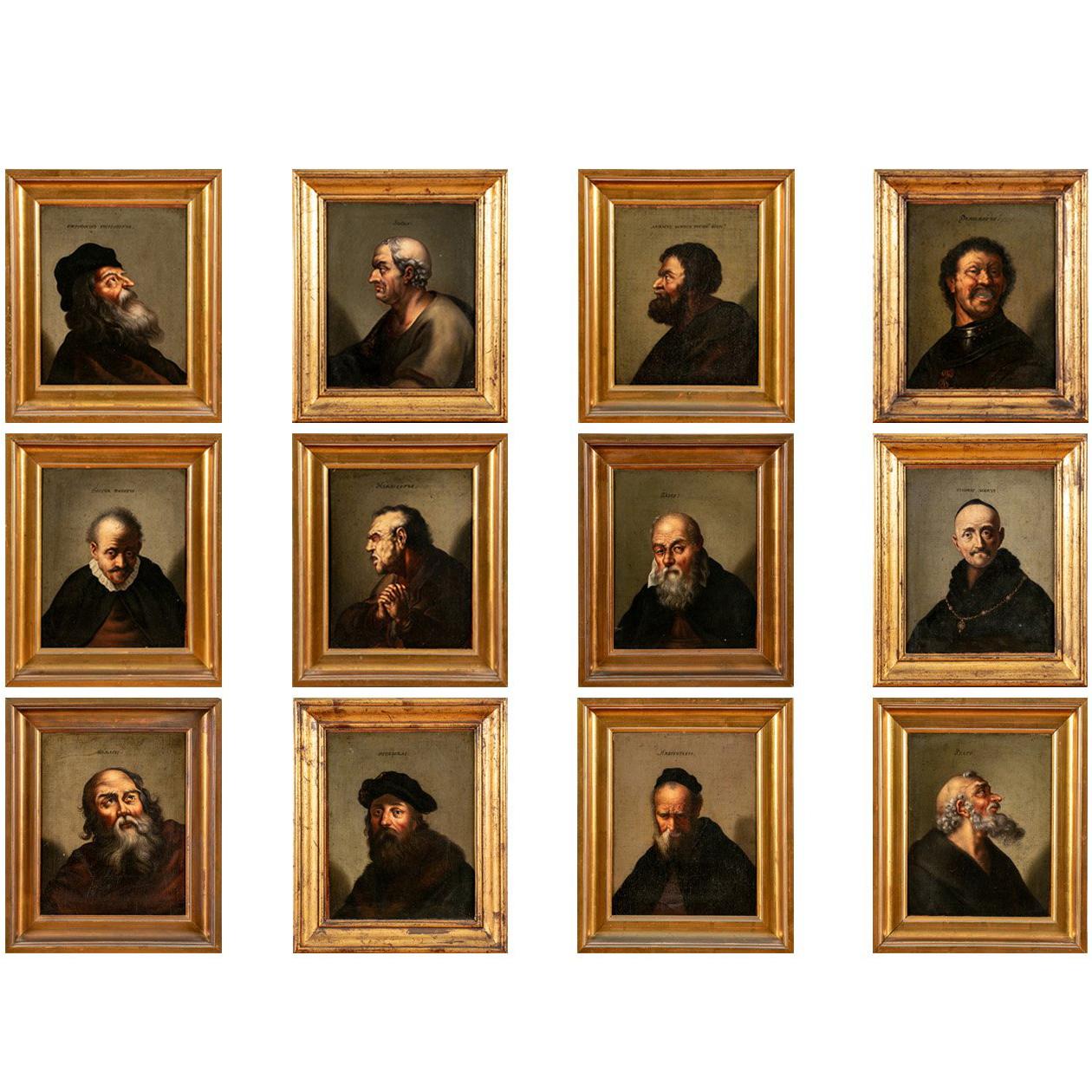 Series of 12 Antique Painted Portraits of Historic Figures