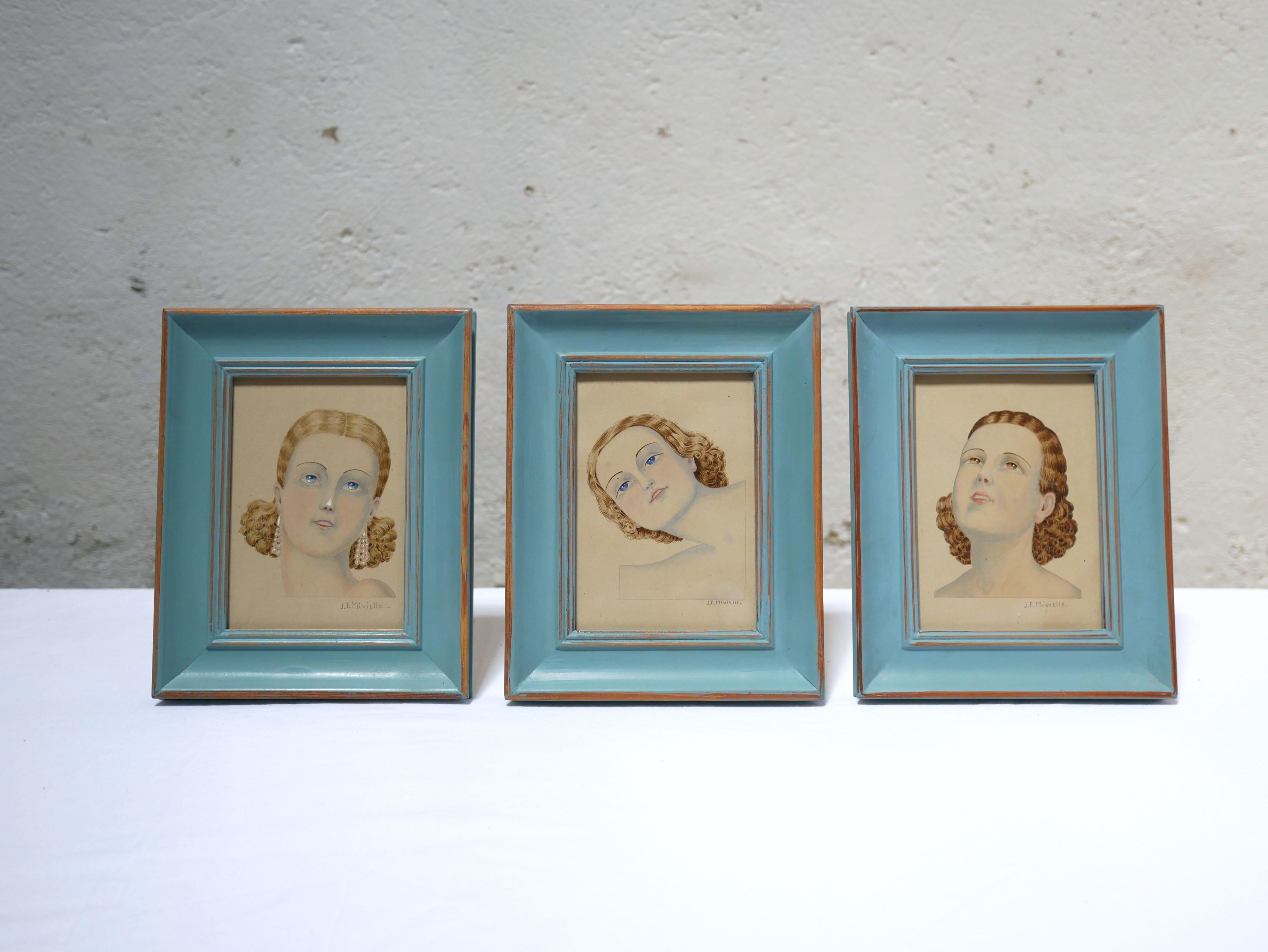 Wood Series of 3 drawings on paper signed J.F. Mivielle For Sale
