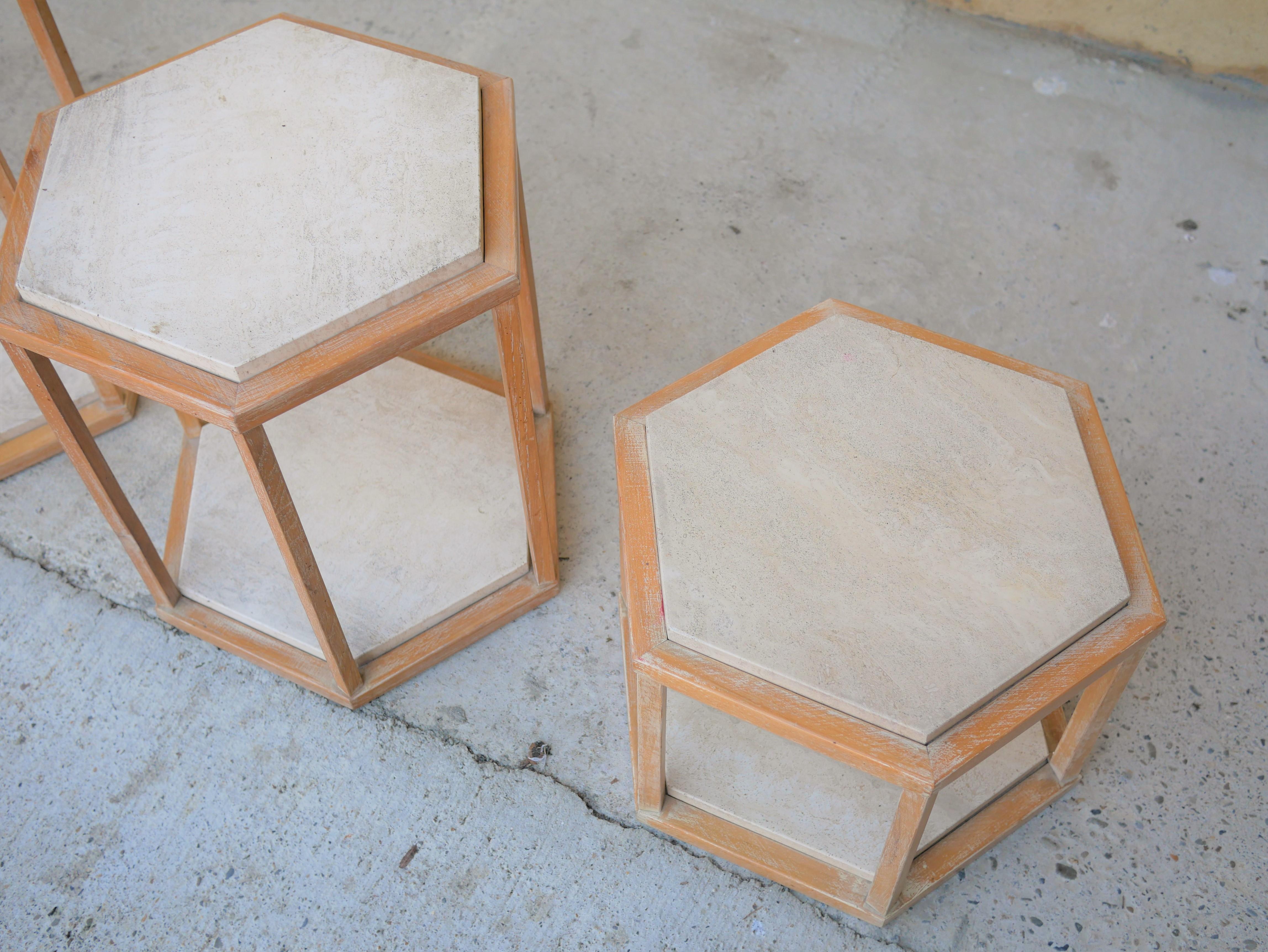 Series of 3 Vintage Coffee Tables in Travertine and Wood by Roche Bobois Edition For Sale 1