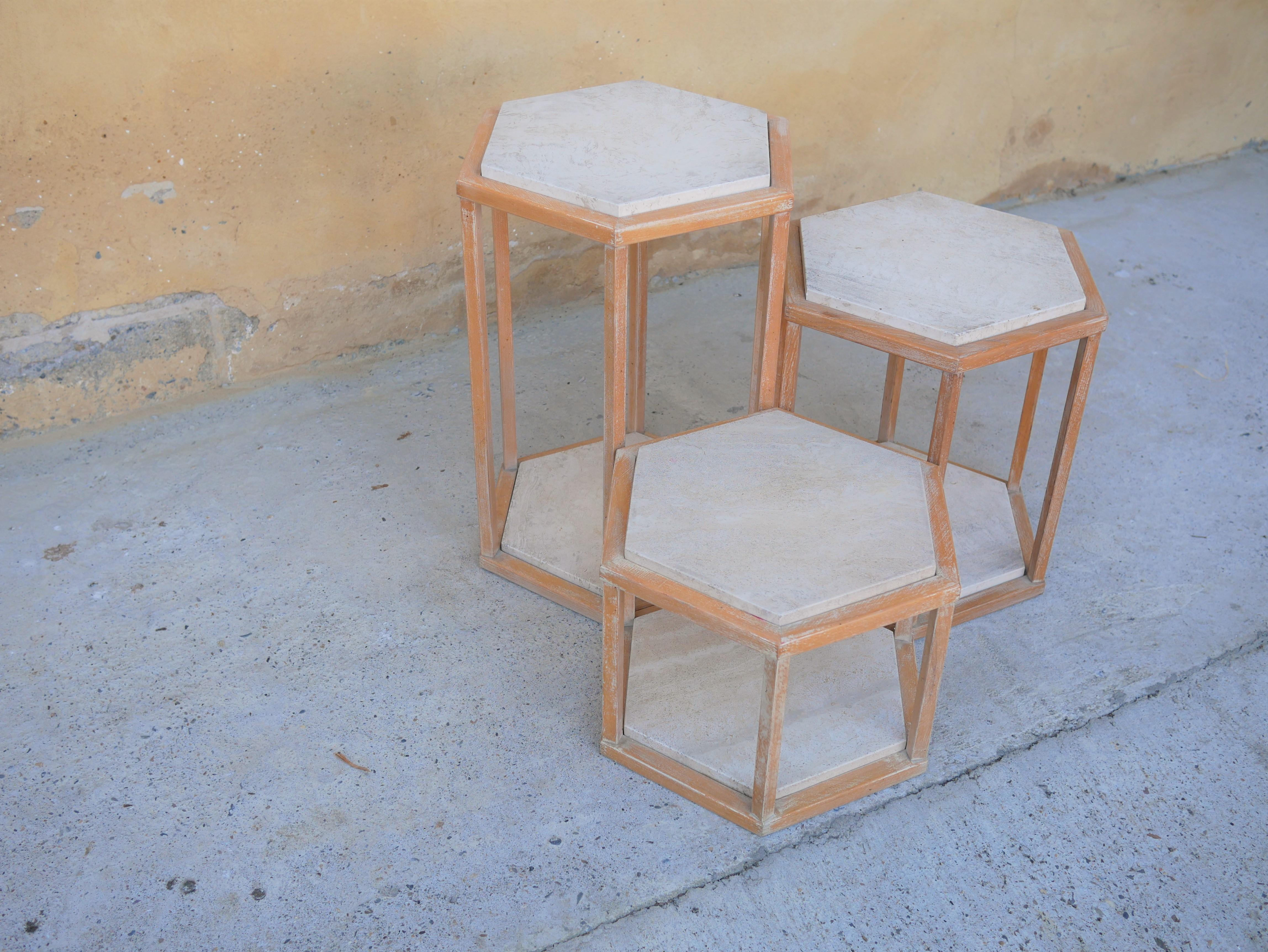 Series of 3 Vintage Coffee Tables in Travertine and Wood by Roche Bobois Edition For Sale 3