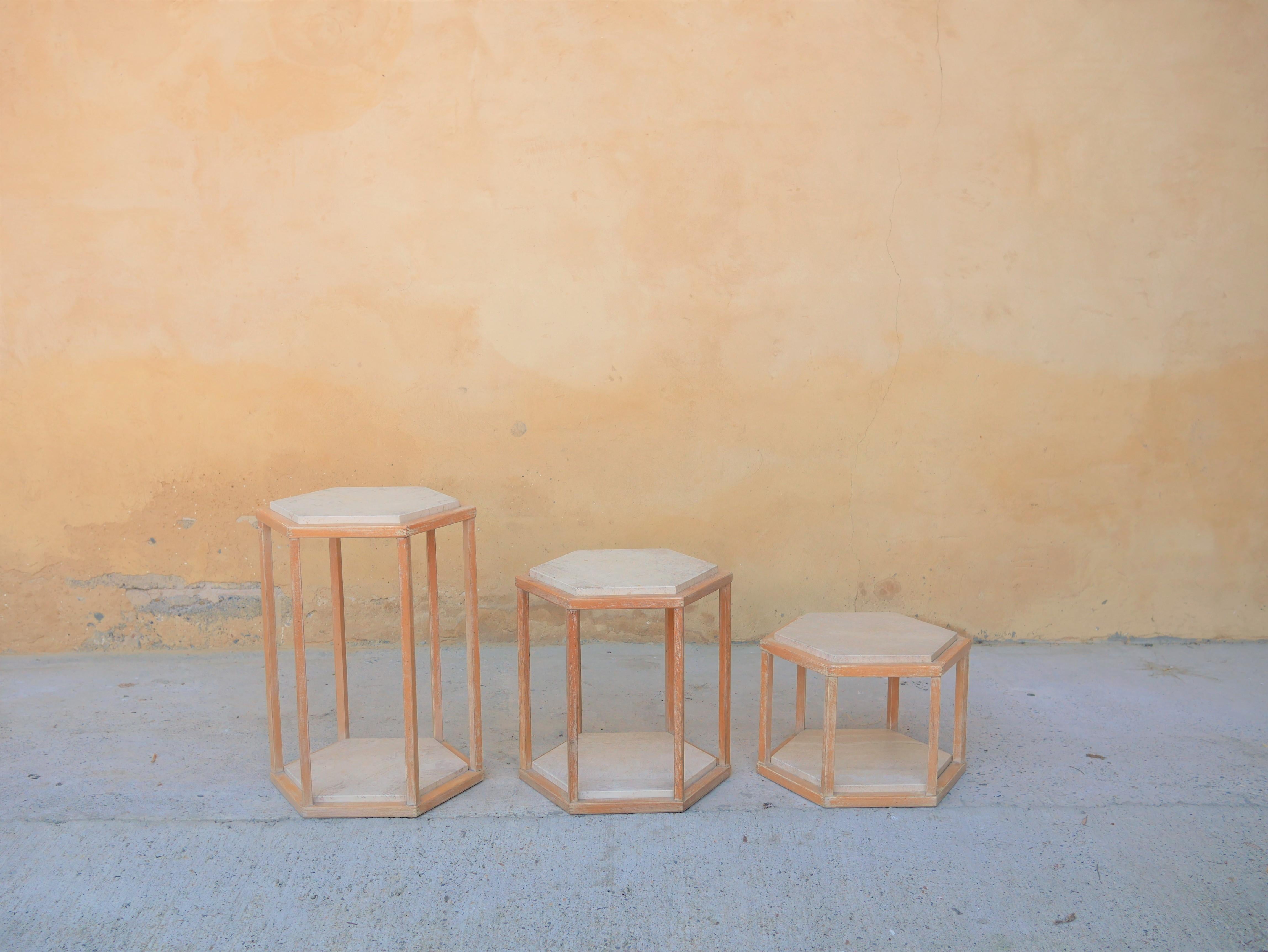 Series of 3 Vintage Coffee Tables in Travertine and Wood by Roche Bobois Edition For Sale 4