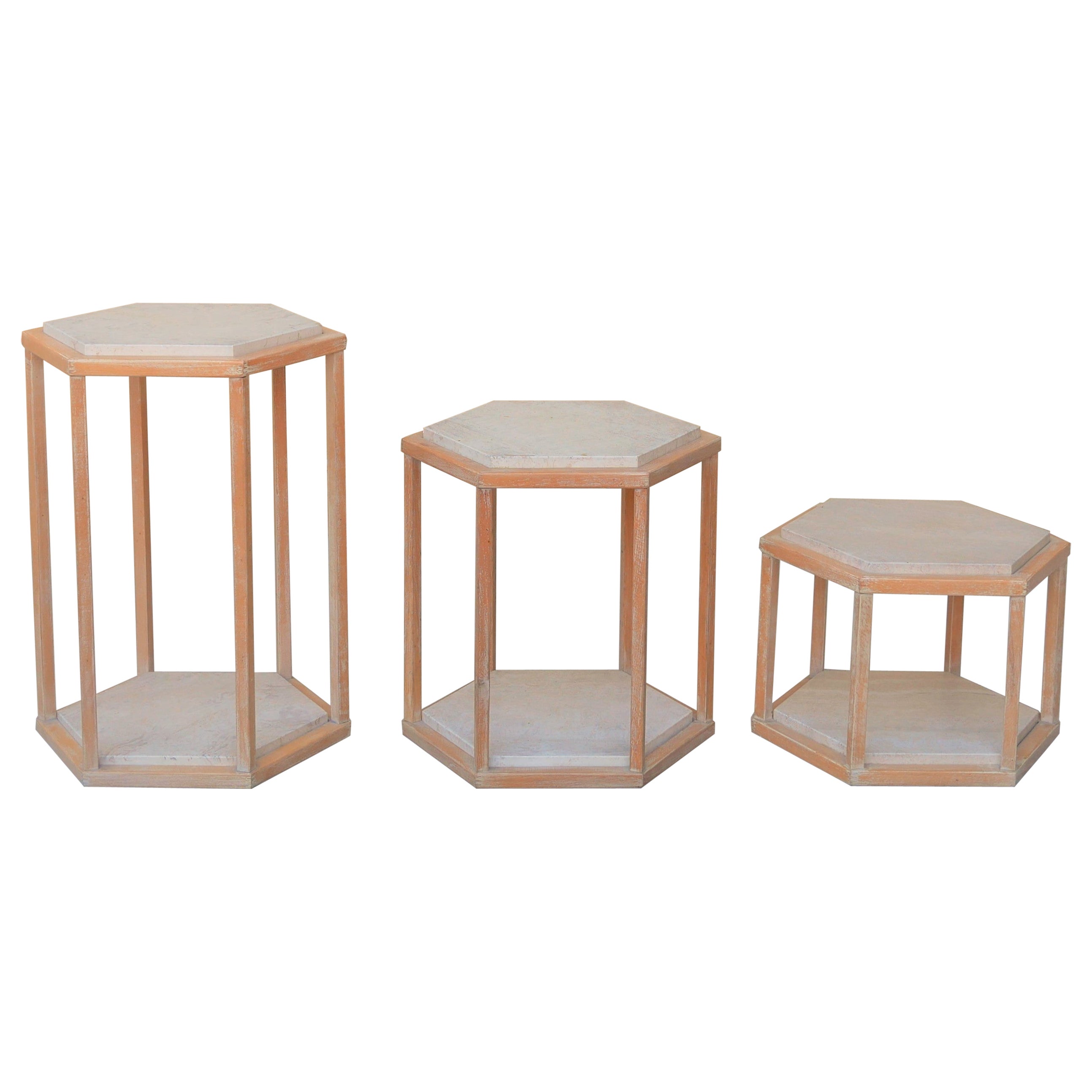 Series of 3 Vintage Coffee Tables in Travertine and Wood by Roche Bobois Edition