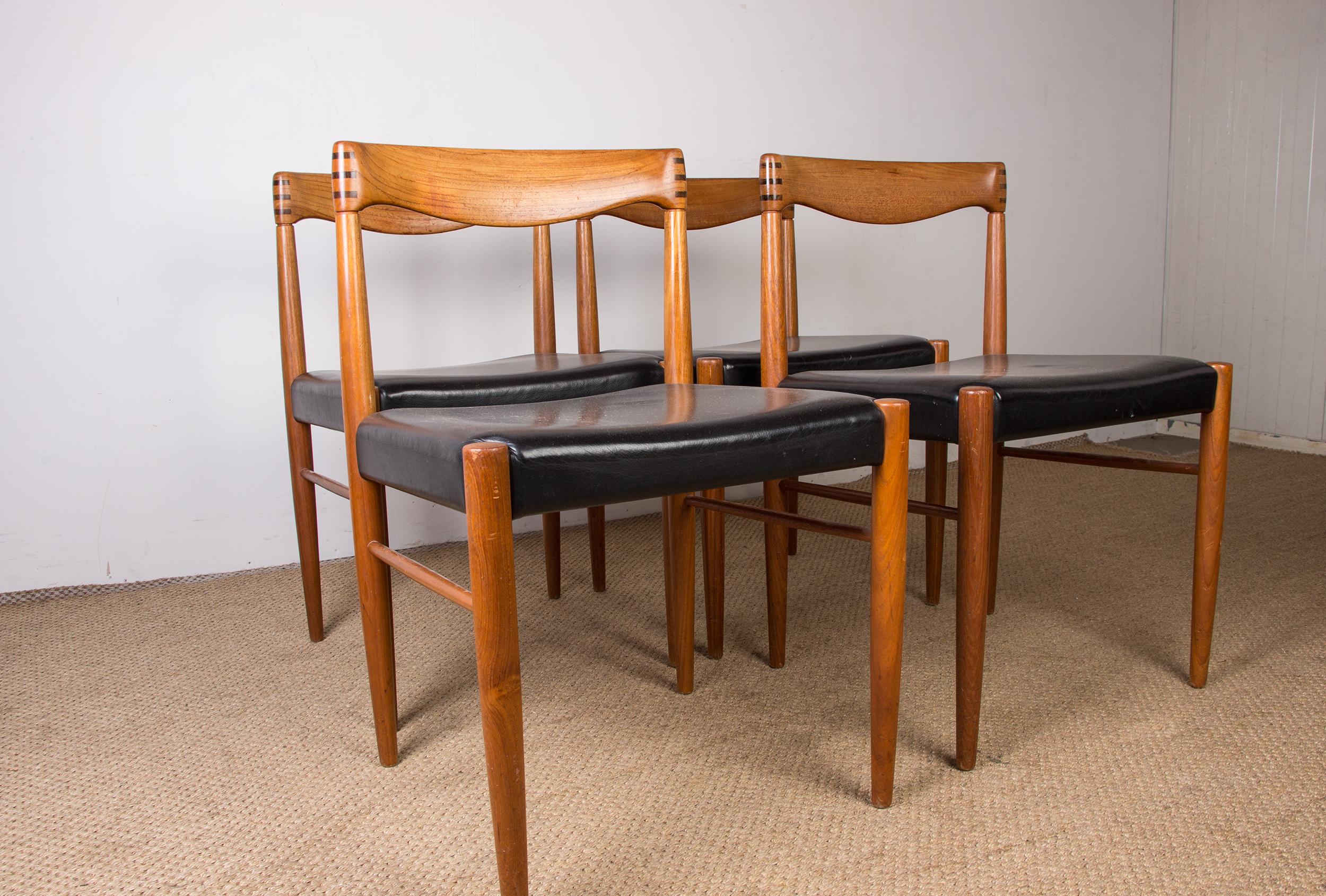 Series of 4 Danish Chairs in Oak and Black Leatherette by Henry Walter Klein for 13