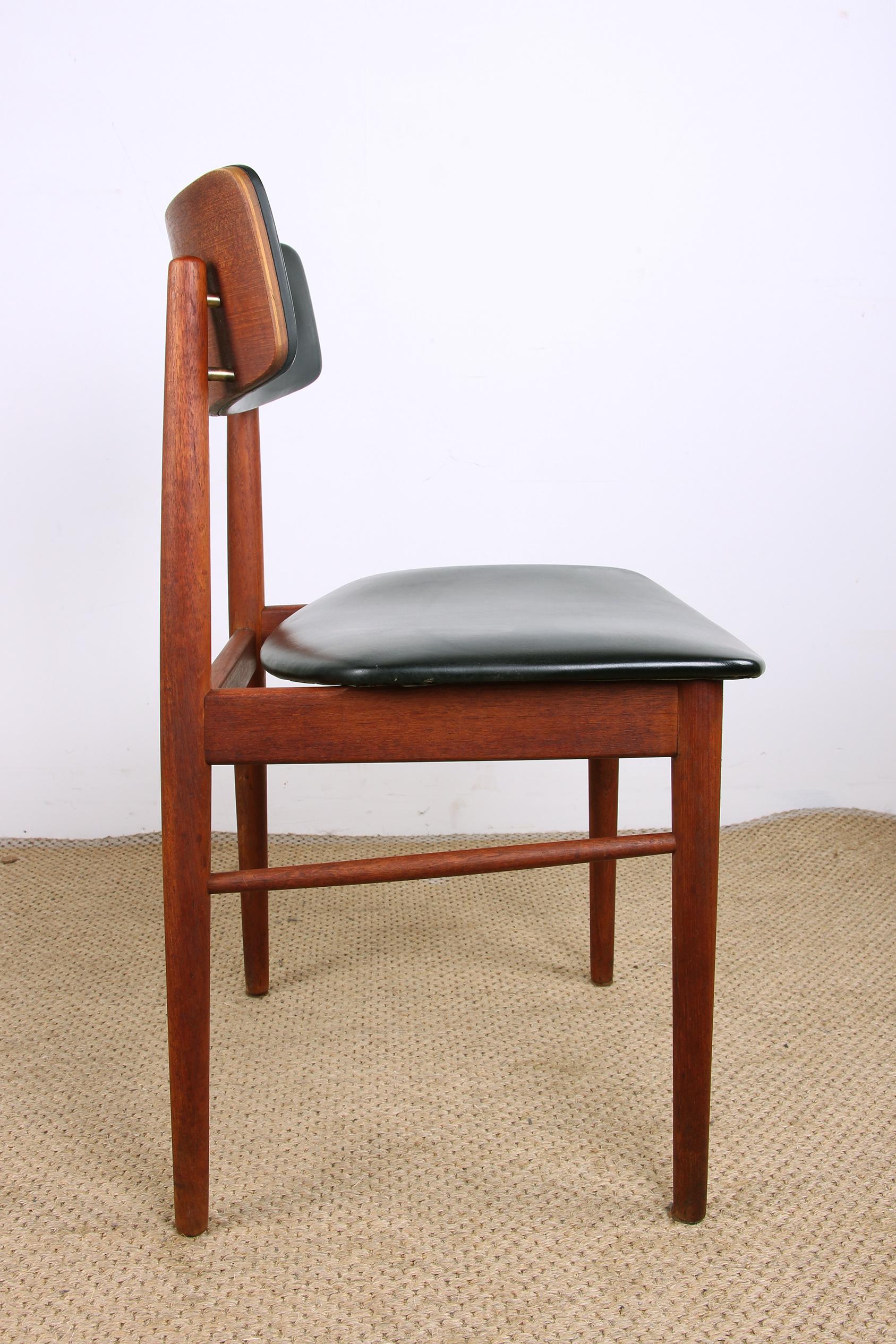 Series of 4 Danish chairs in Teak, black Skai and Brass by Sven Chrobat for Sax 6