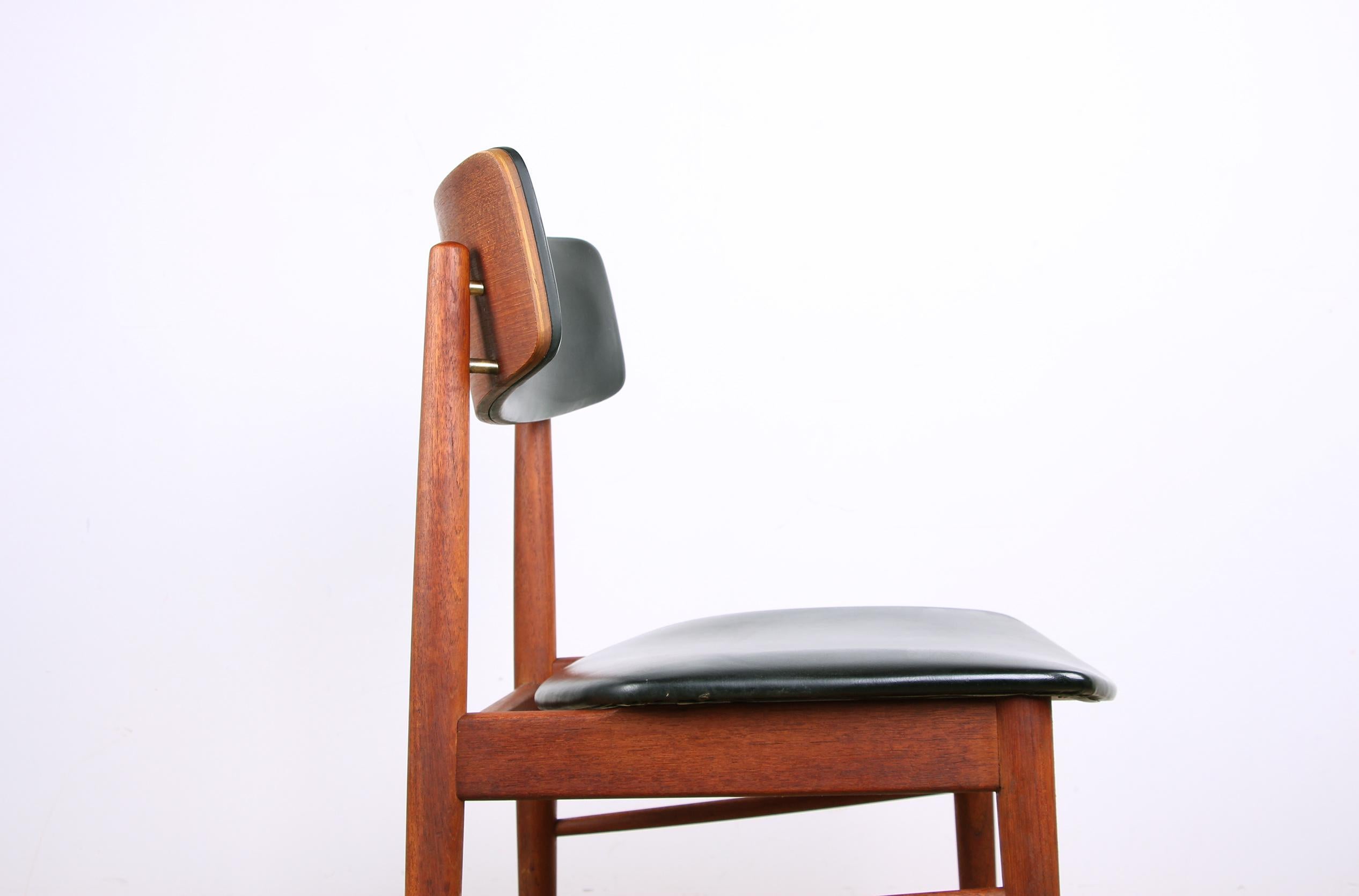 Series of 4 Danish chairs in Teak, black Skai and Brass by Sven Chrobat for Sax 7