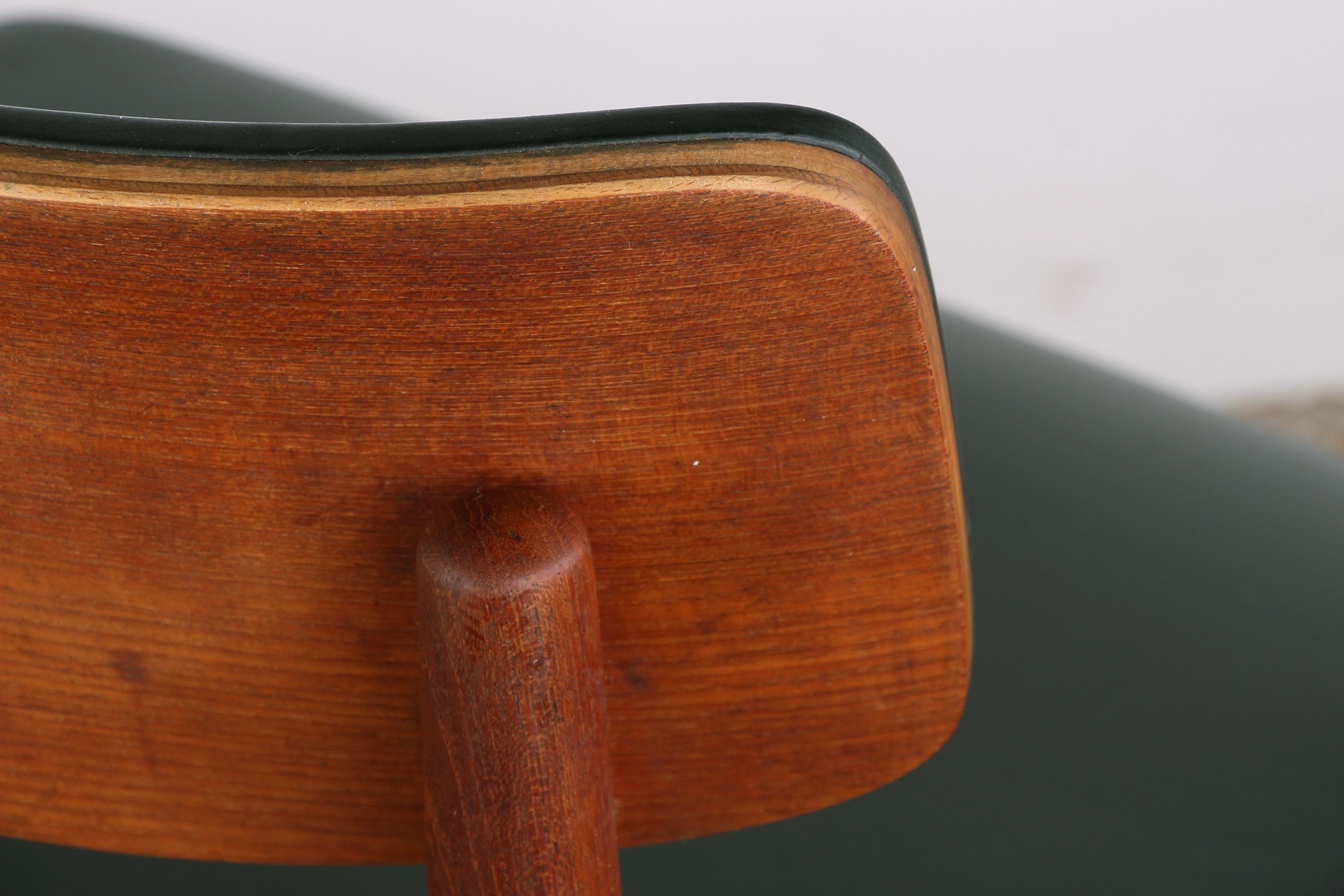 Series of 4 Danish chairs in Teak, black Skai and Brass by Sven Chrobat for Sax 10