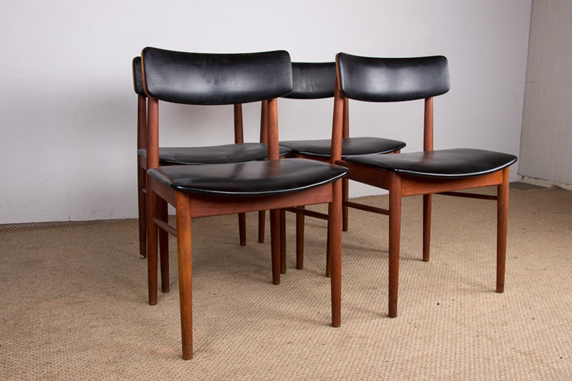 Series of 4 Danish chairs in Teak, black Skai and Brass by Sven Chrobat for Sax 12