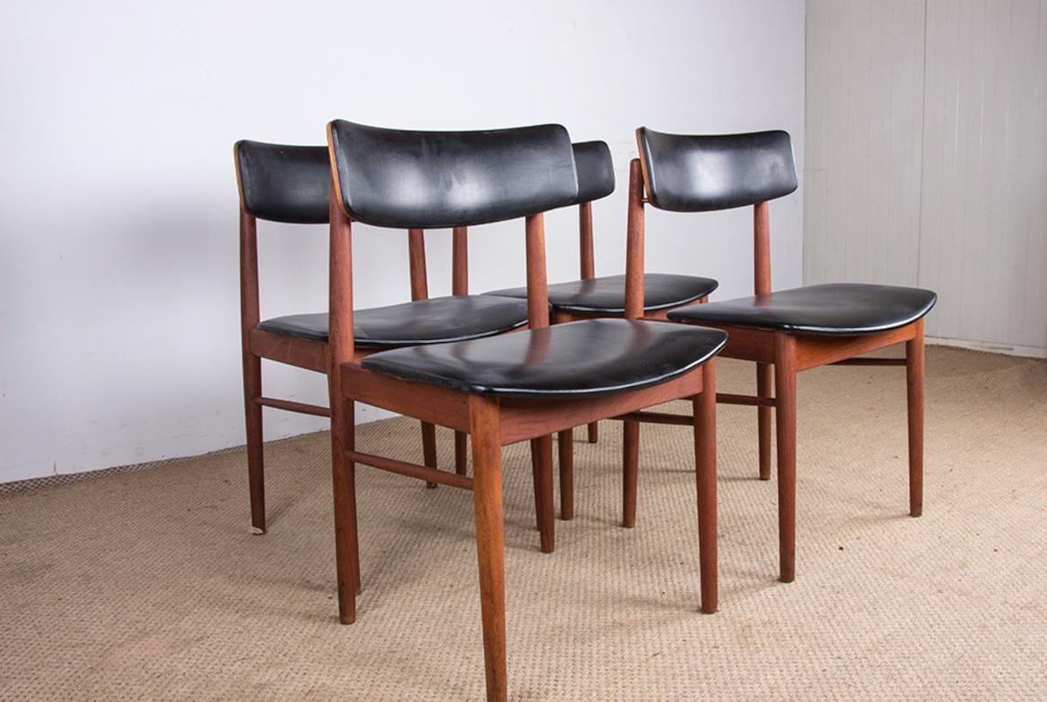 Series of 4 Danish chairs in Teak, black Skai and Brass by Sven Chrobat for Sax 14