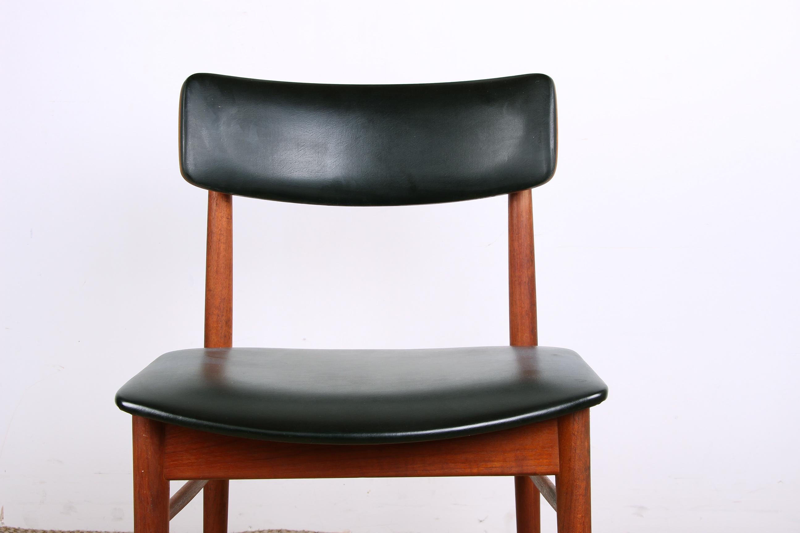 Superb Scandinavian chairs. 
The seats and backs covered in foam and black skai offer great comfort. 
The backs are attached to the base by graceful brass joints.  Sober and elegant design, airy seats. Very good manufacturing quality. 
Stamped under