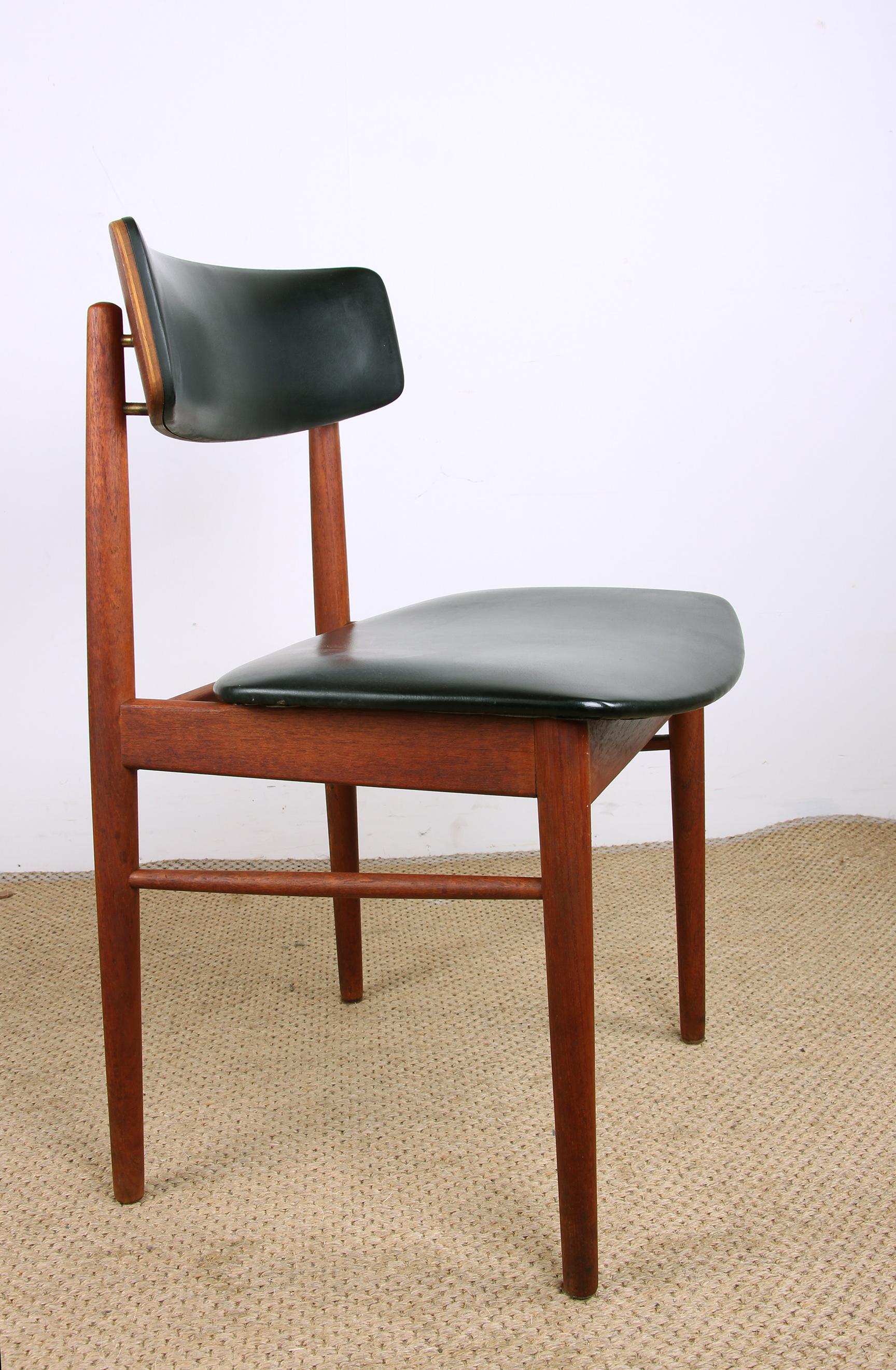 Series of 4 Danish chairs in Teak, black Skai and Brass by Sven Chrobat for Sax 3
