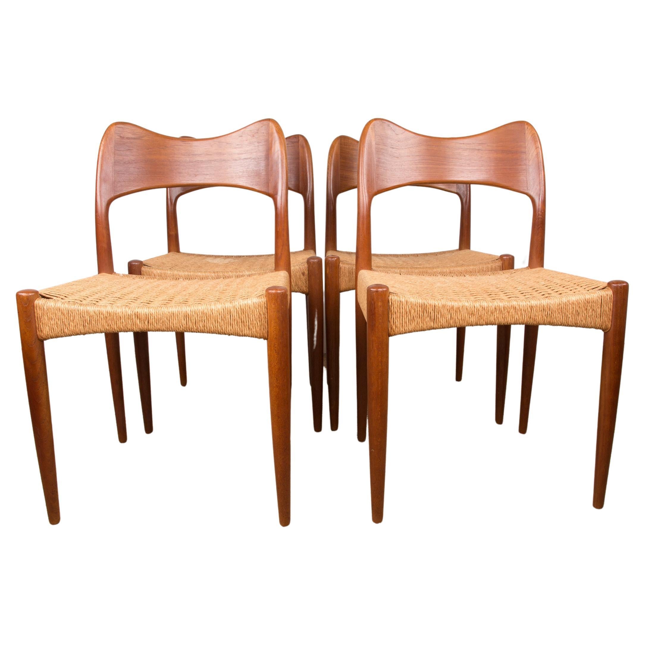 Series of 4 Danish Teak and Cordage chairs by Arne Hovmand Olsen 1960. For Sale