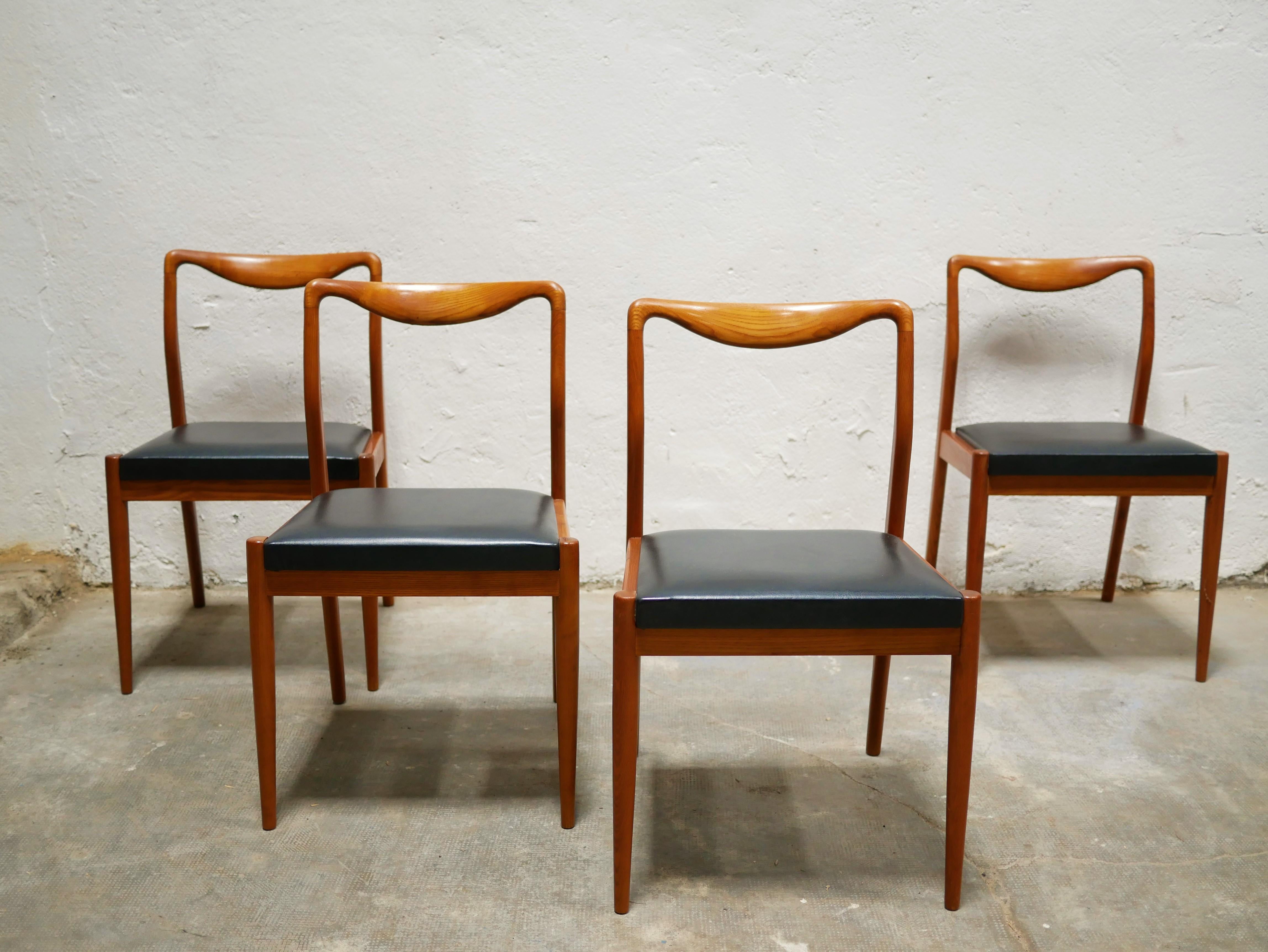 Series of 4 Vintage Scandinavian Chairs in Teak and Leatherette For Sale 1