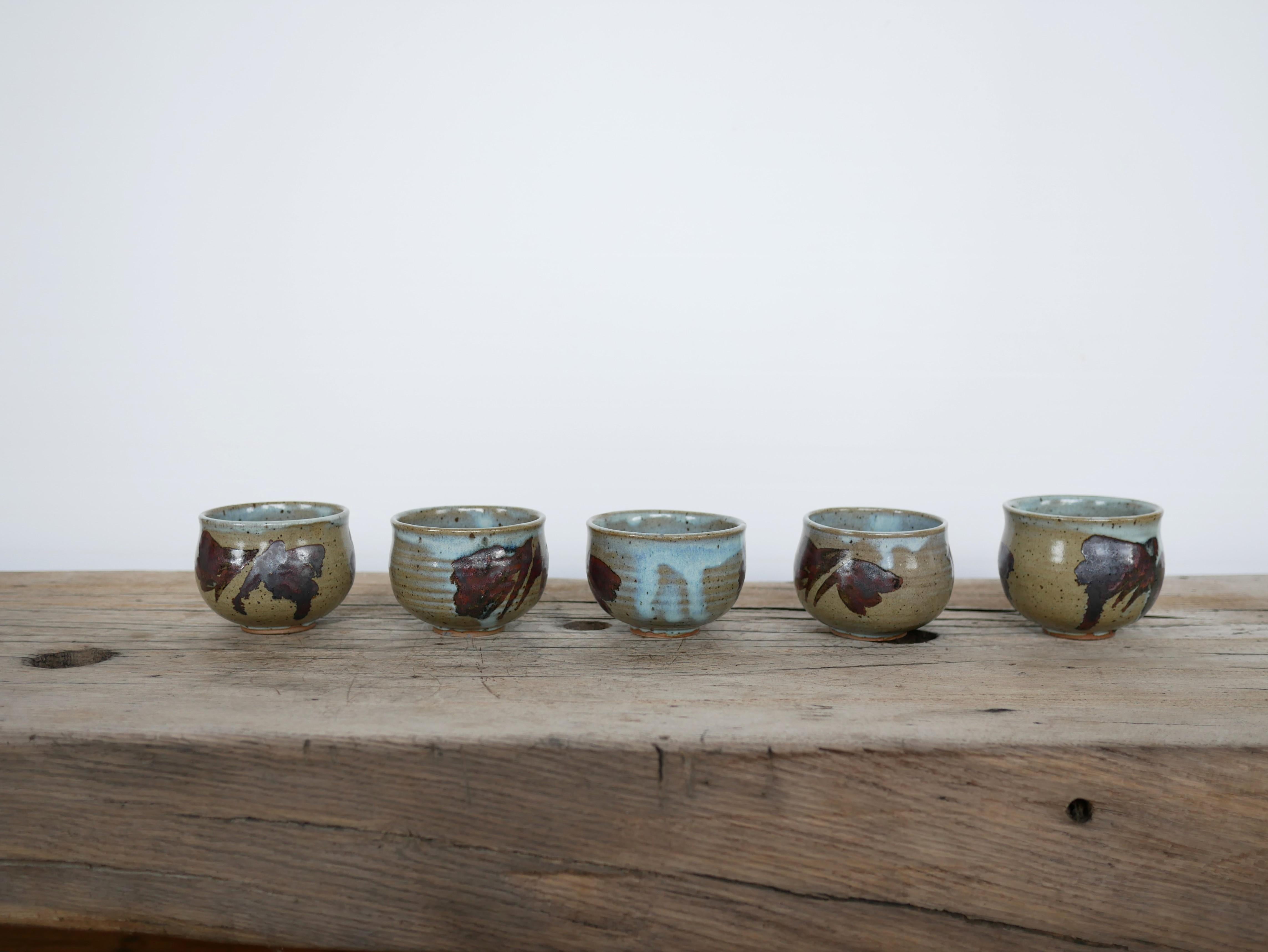 Ceramic Series of 5 vintage stoneware cups For Sale
