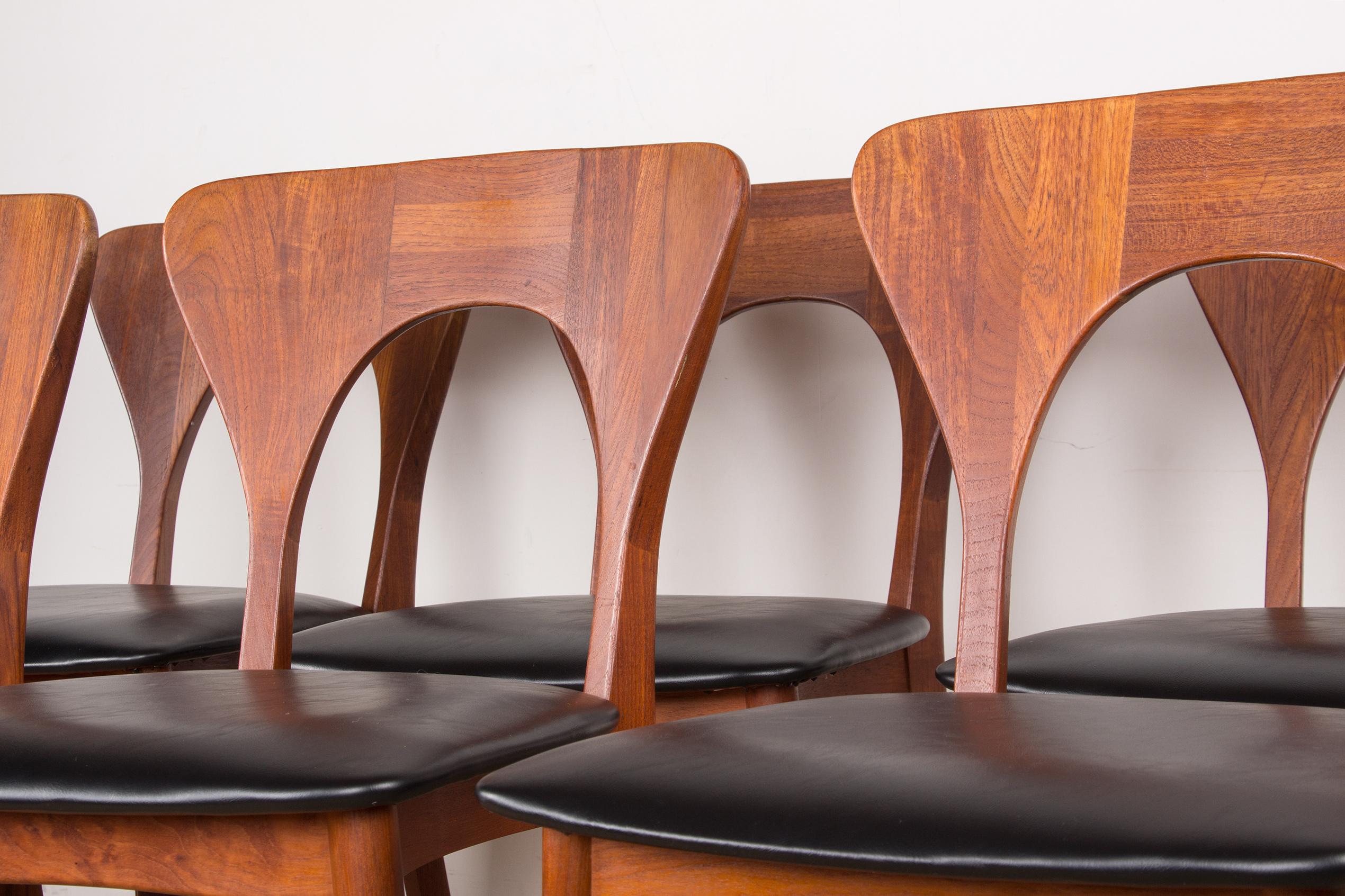 Series of 6 Danish chairs in Teak and skai, Peter model by Niels Koefoed 1960. 14