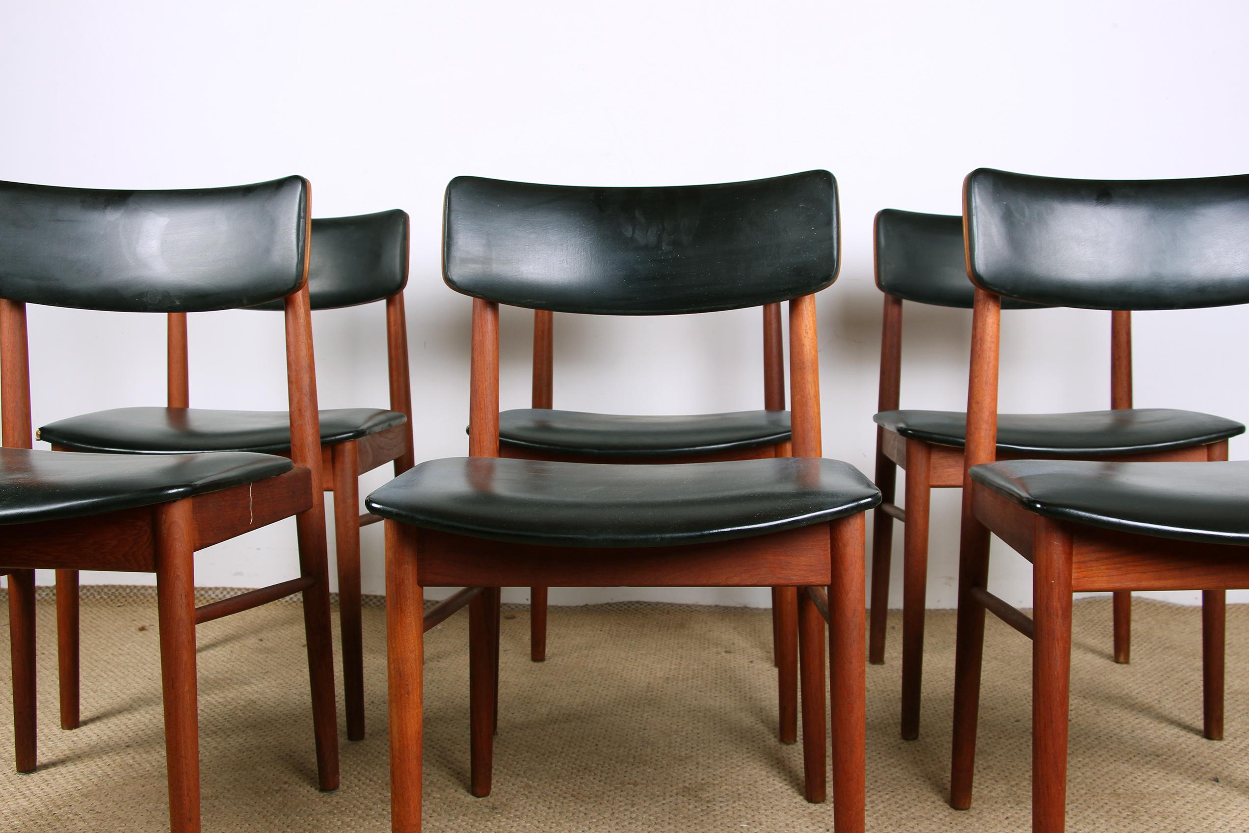 Series of 6 Danish chairs in Teak, black Skai and Brass by Sven Chrobat for Sax 13