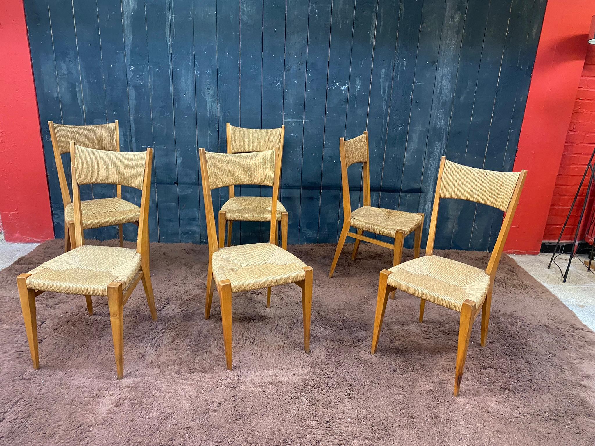 Mid-Century Modern Series of 6 Elegant Oak Chairs, French Reconstruction Period, circa 1950 For Sale