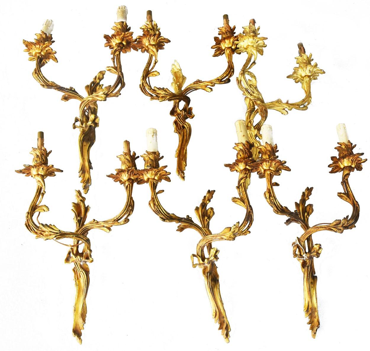 Series of 6 Gilded Bronze Rocaille Napoleon III Period Sconces