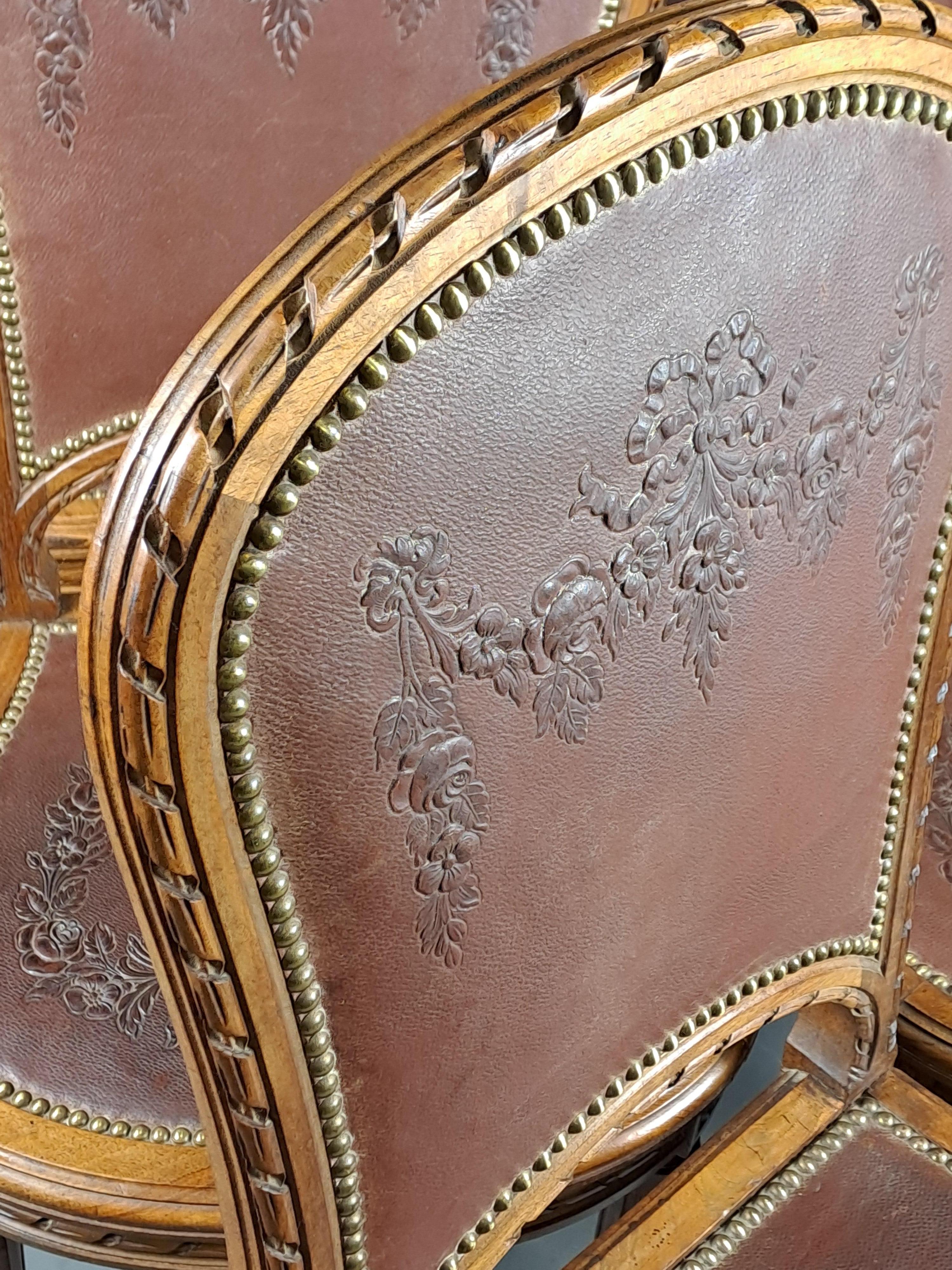 Series Of 6 Louis XVI Style Chairs In Solid Walnut And Embossed Cordoba Leather  For Sale 1
