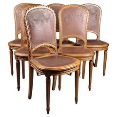 Antique Series Of 6 Louis XVI Style Chairs In Solid Walnut And Embossed Cordoba Leather 