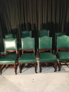 Series of 8 English Chairs in Green Leather, Mahogany, Early 20th Century