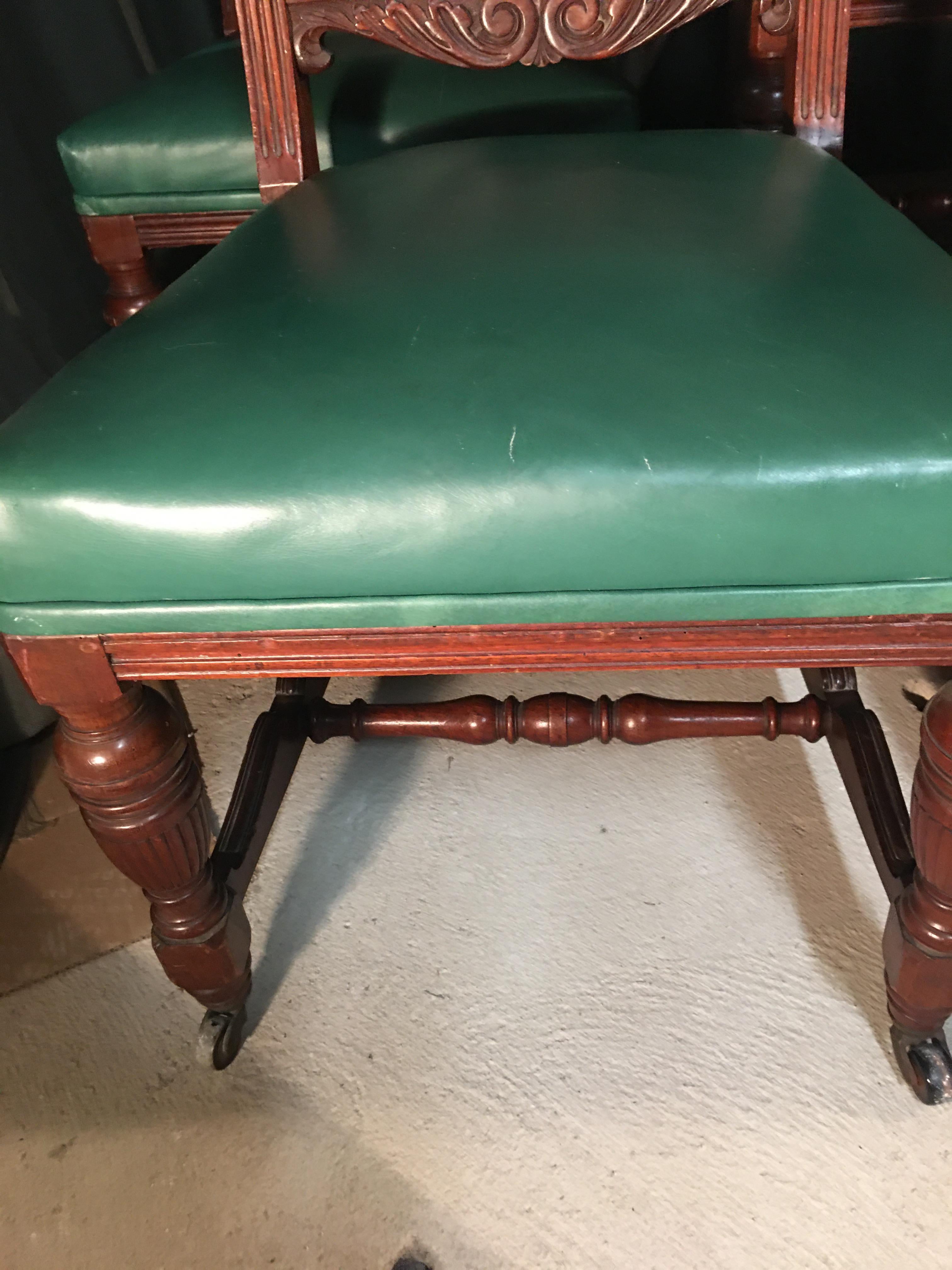 British Series of 8 English Chairs in Green Leather, Mahogany, Early 20th Century For Sale