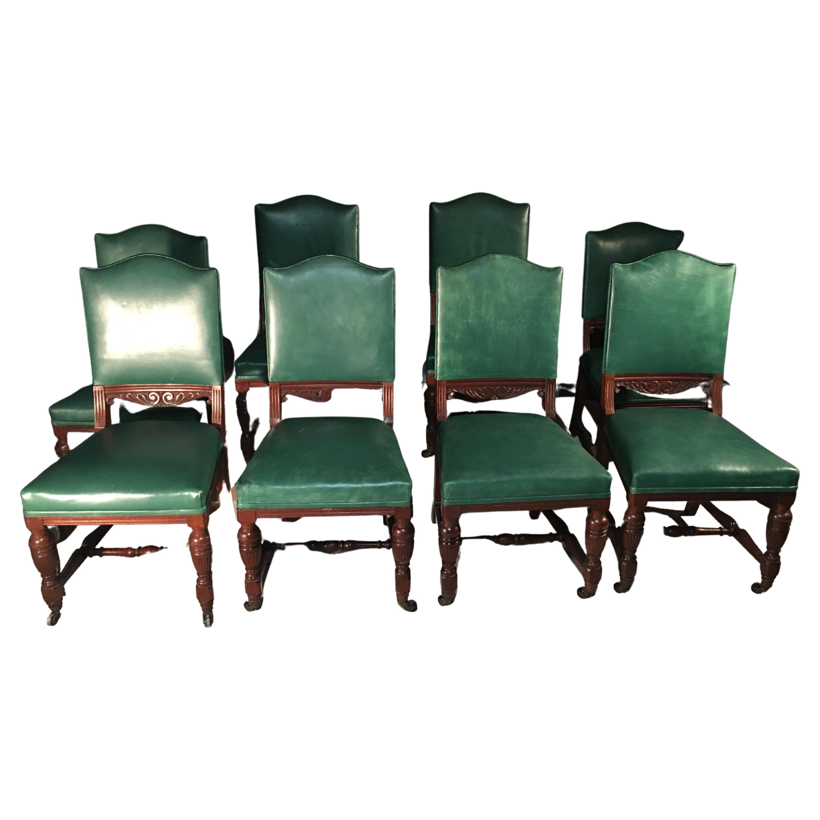 Series of 8 English Chairs in Green Leather, Mahogany, Early 20th Century