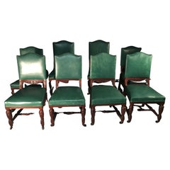 Series of 8 English Chairs in Green Leather, Mahogany, Early 20th Century