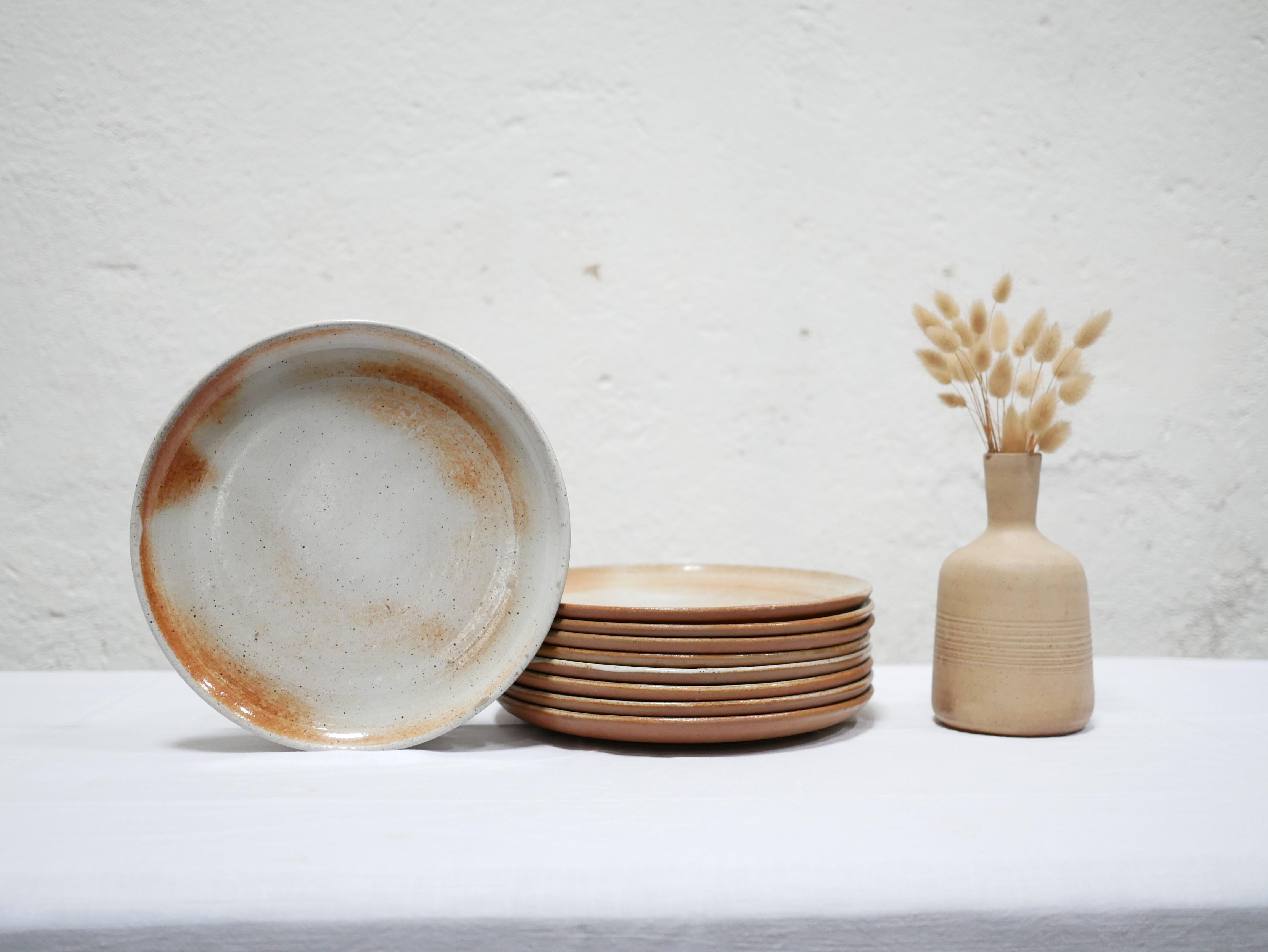 Sandstone Series of 9 vintage stoneware plates by the Poteries du Marais, France