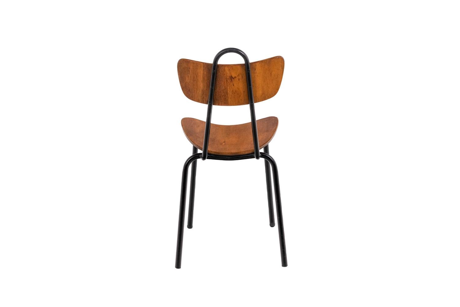 Mid-20th Century Series of Four Chairs in Wood and Metal, 1950s For Sale