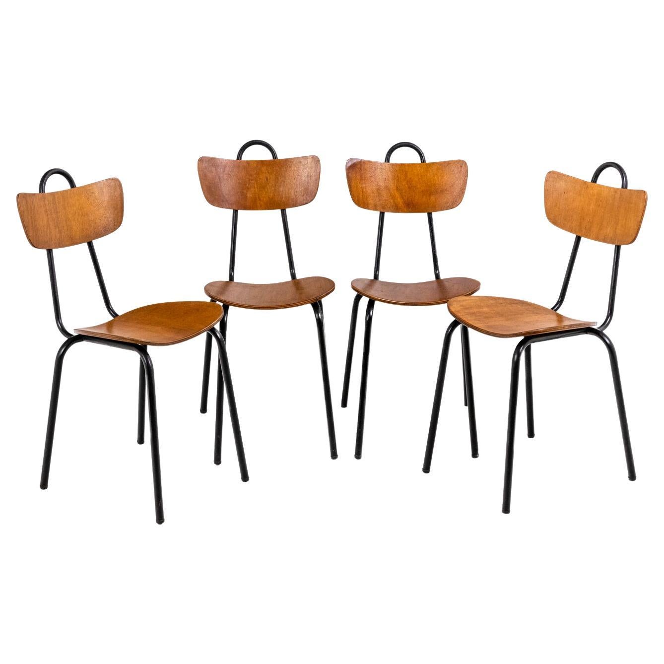 Series of Four Chairs in Wood and Metal, 1950s