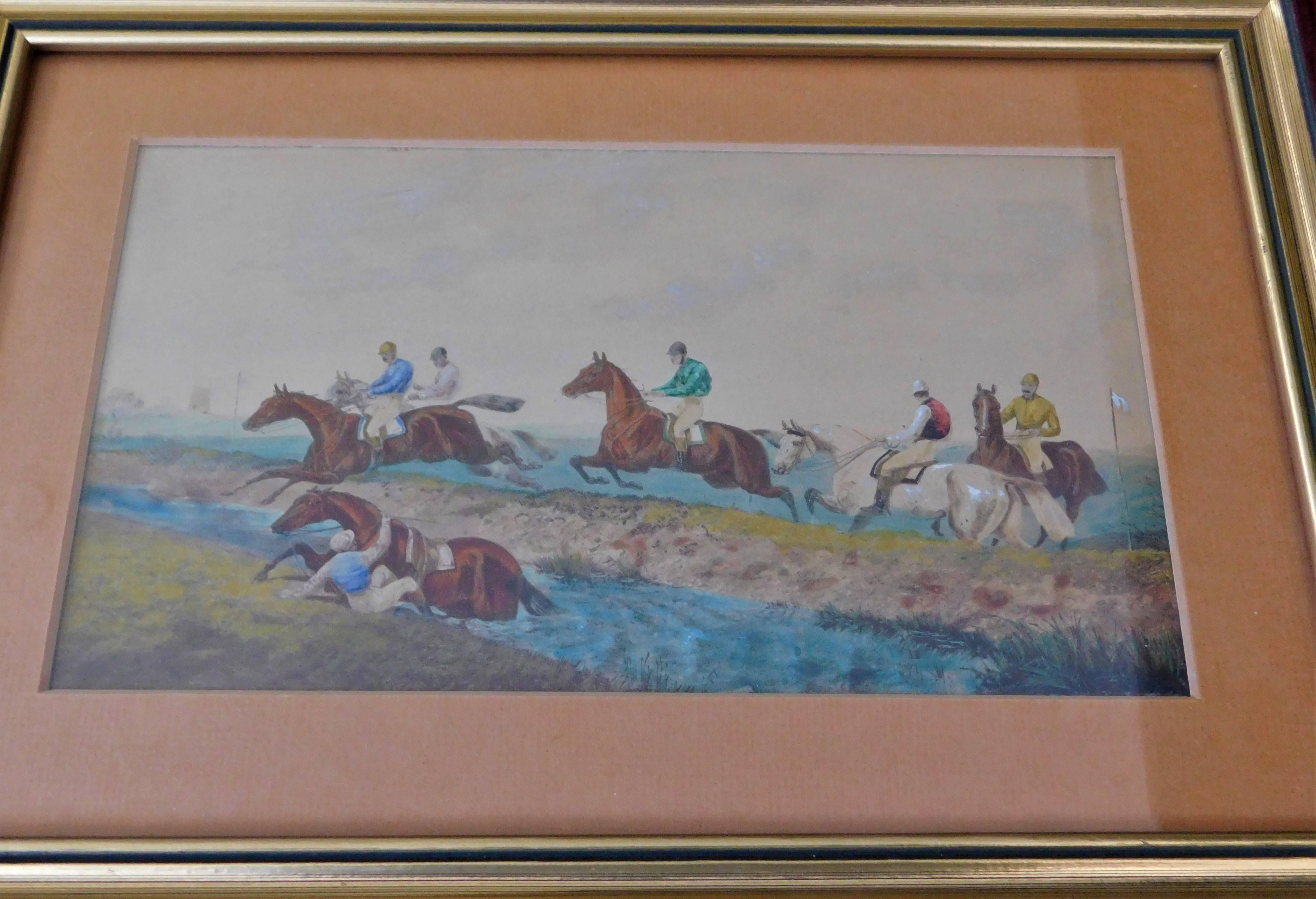 Series of Four Original Watercolor English Steeple Chase Horse Jumping Paintings 7