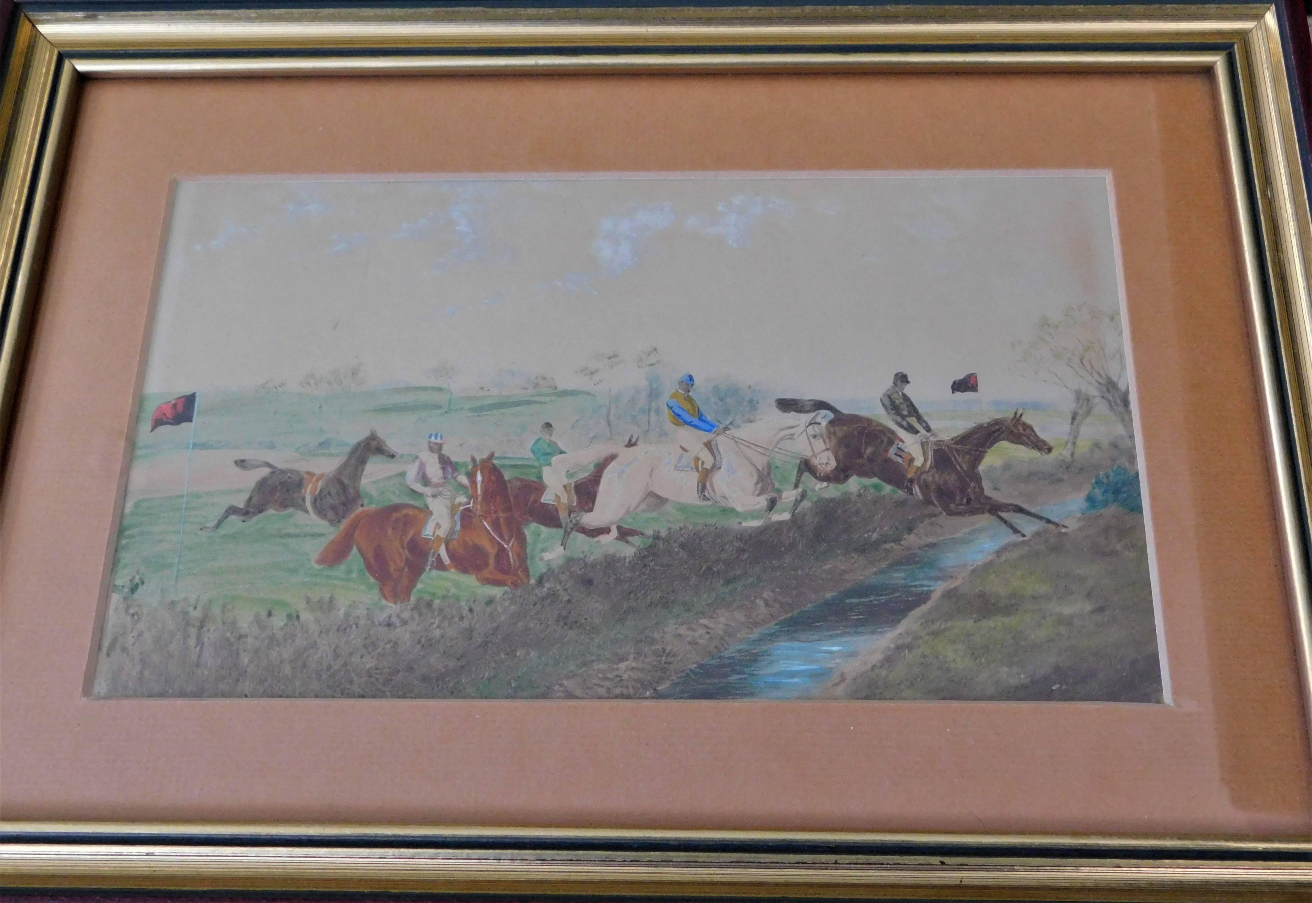 Series of Four Original Watercolor English Steeple Chase Horse Jumping Paintings 8