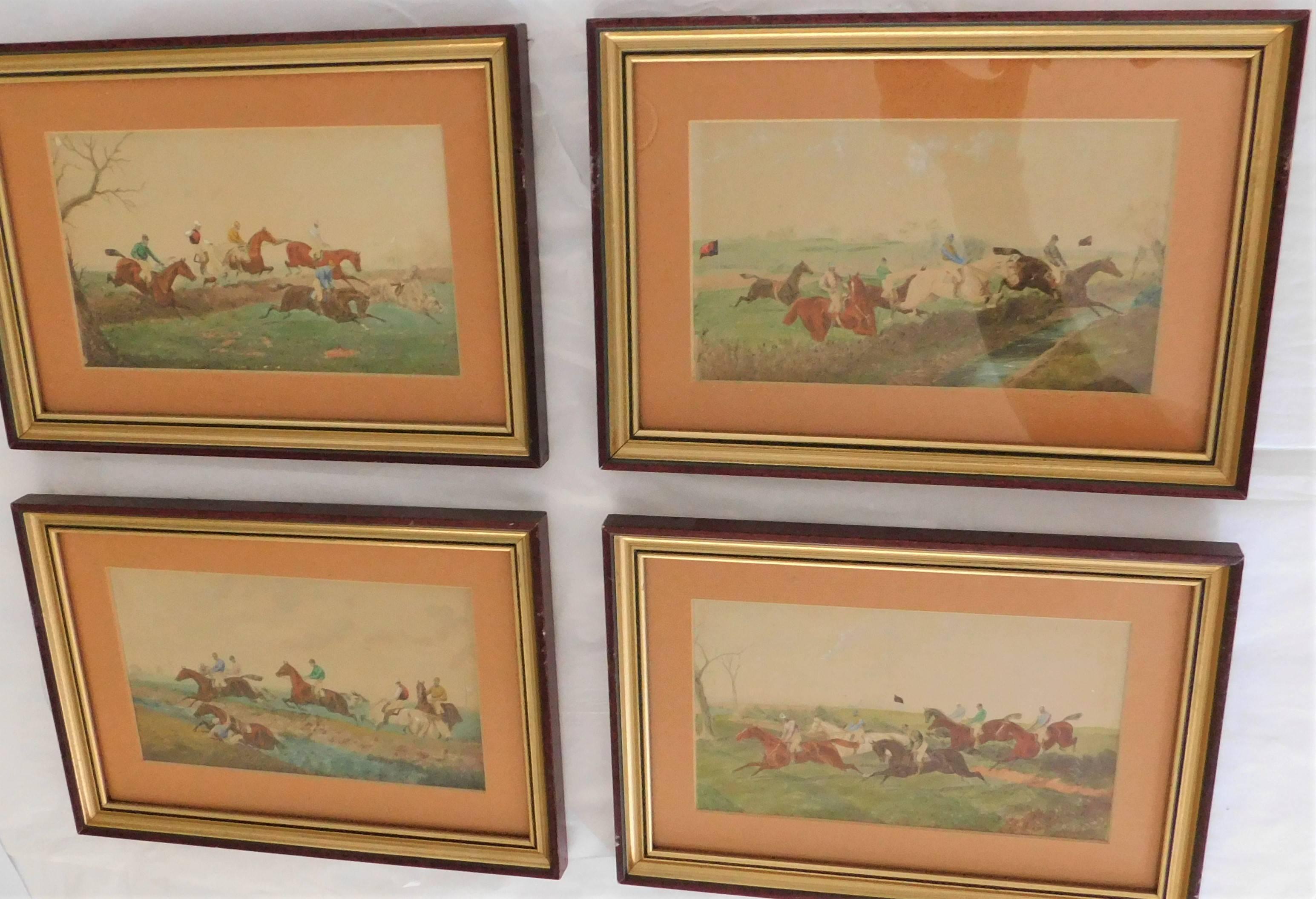 19th Century Series of Four Original Watercolor English Steeple Chase Horse Jumping Paintings