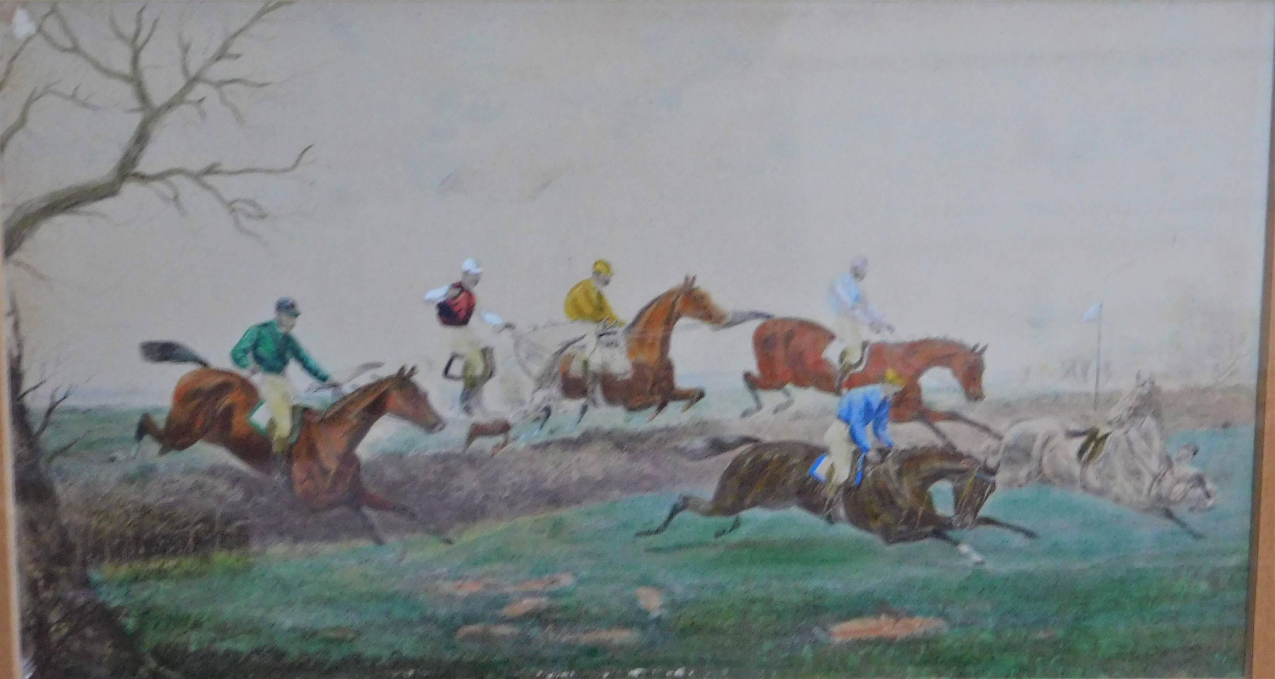 Series of Four Original Watercolor English Steeple Chase Horse Jumping Paintings 1