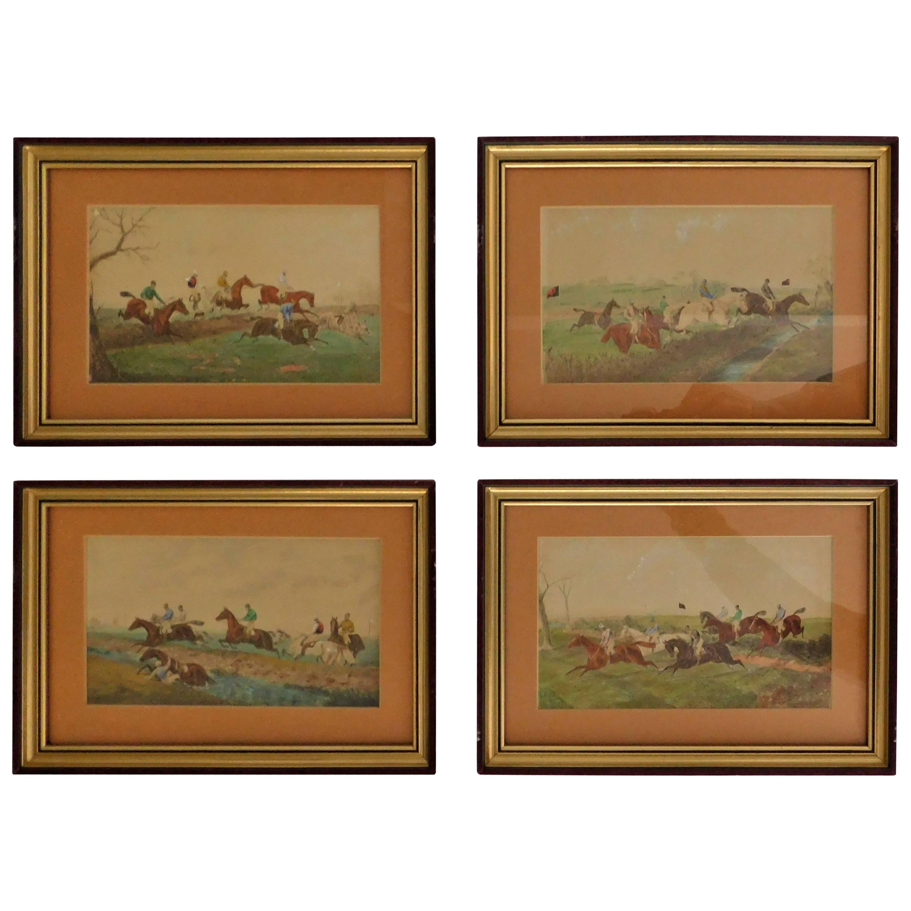 Series of Four Original Watercolor English Steeple Chase Horse Jumping Paintings
