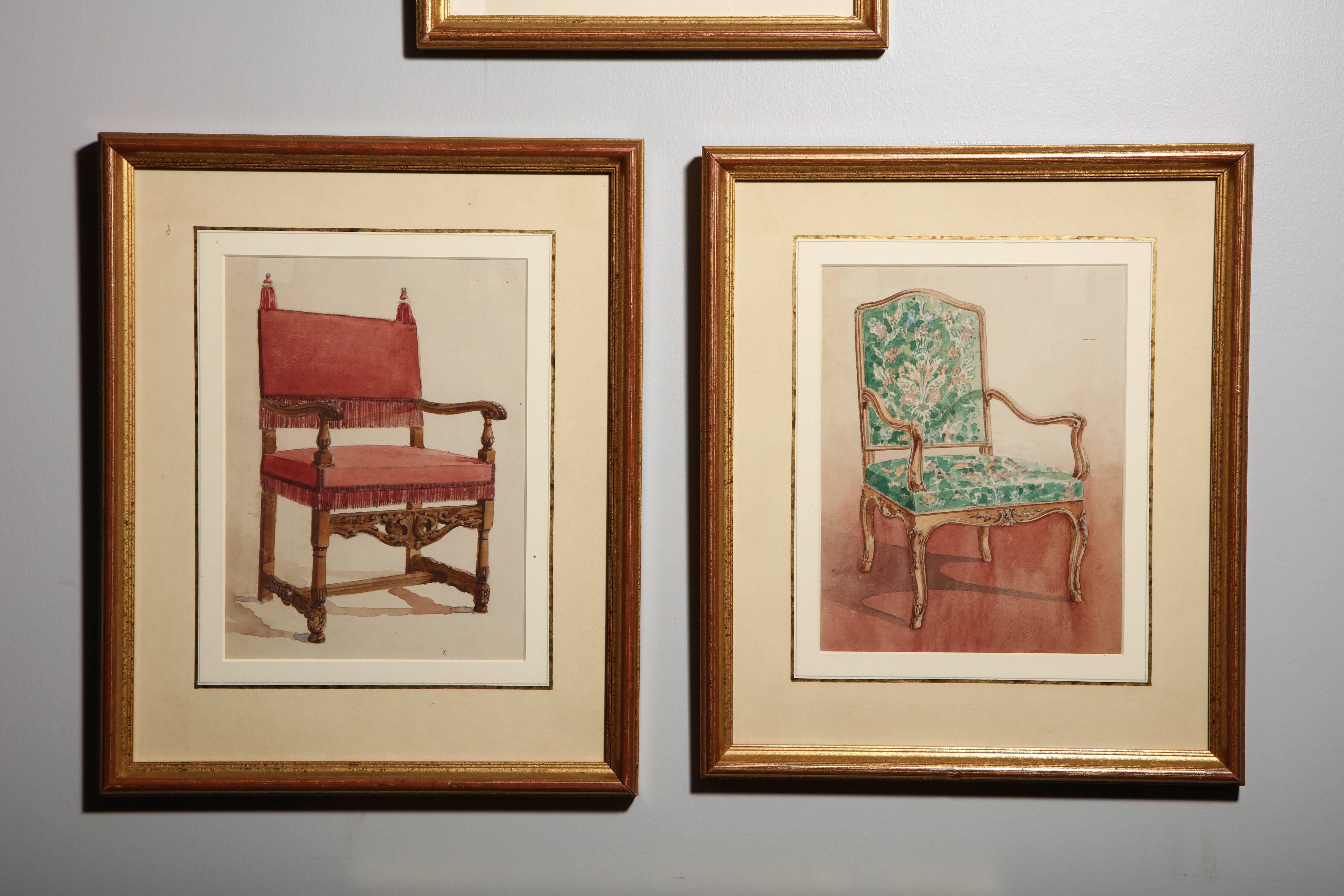 European Series of Hand-Painted Drawings of Furniture