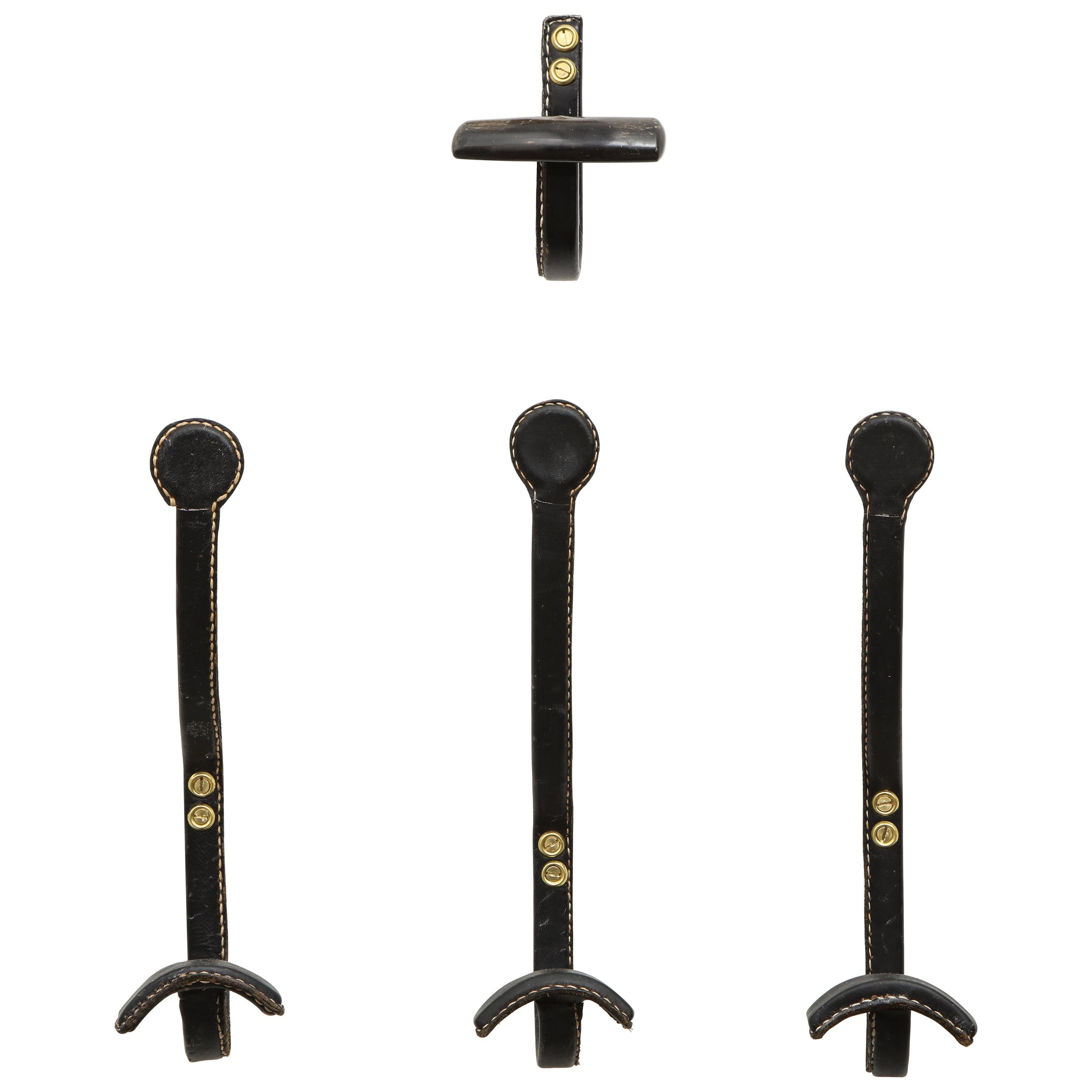 Series of Stitched Leather Coat Hooks by Jacques Adnet, France, 1950s