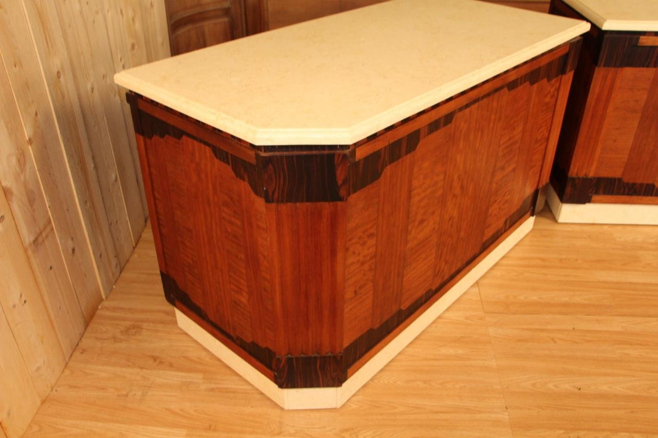 series of three art deco period store counters made by jules cayette for the fitting out of a hatter in nancy the veneer consists of mahogany, macassar ebony and lemon tree, light yellow marble, high quality workmanship some lacks and wear from use