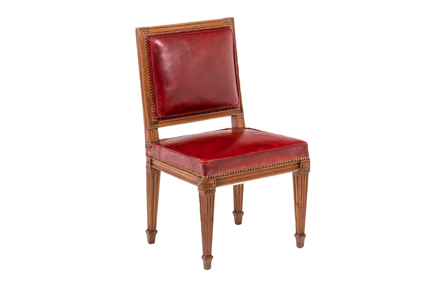 Series of Three Chairs in Wood and Leather, Louis XVI Era In Fair Condition In Saint-Ouen, FR