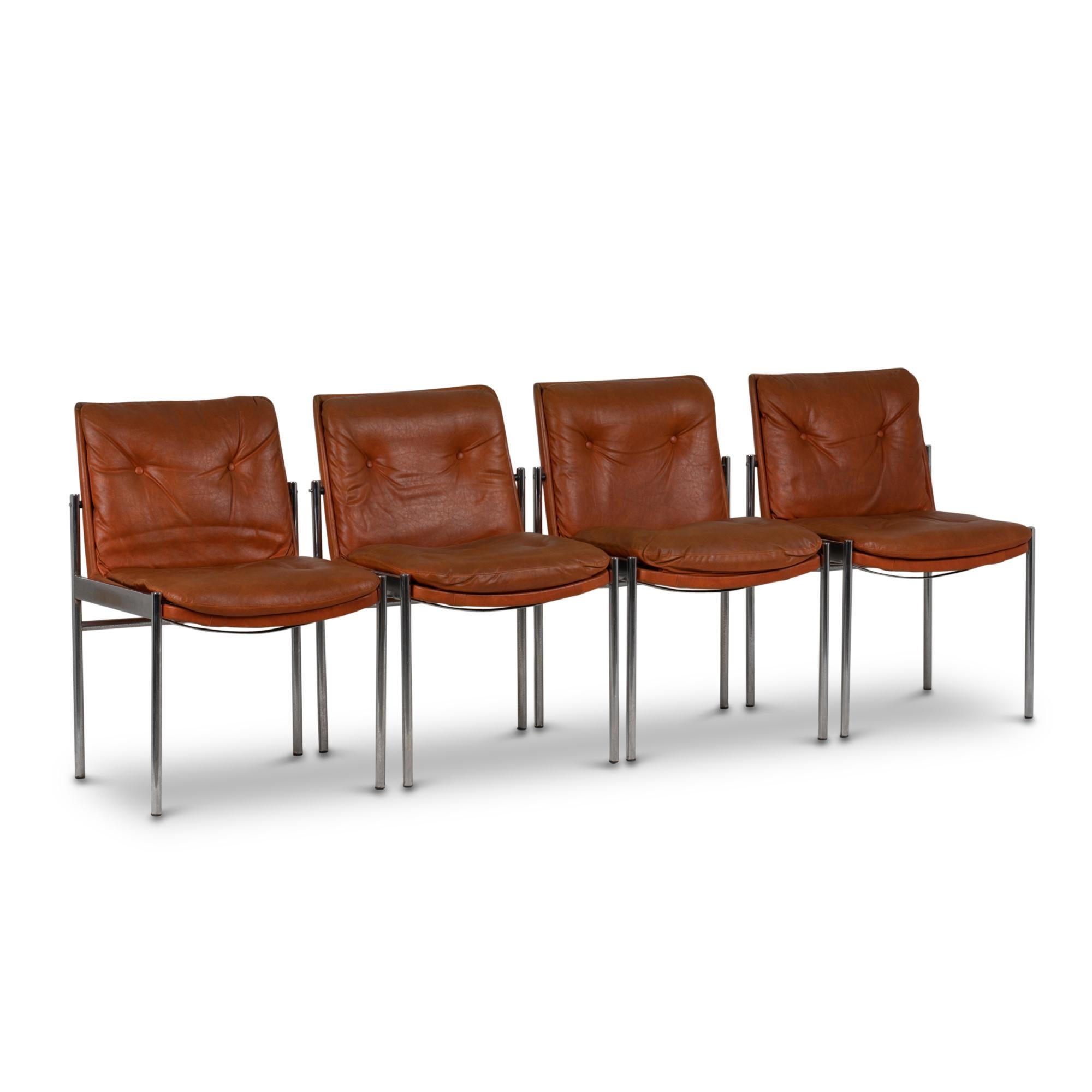Italian Series of Twelve Chairs in Leather and Chromed Metal, 1970s For Sale