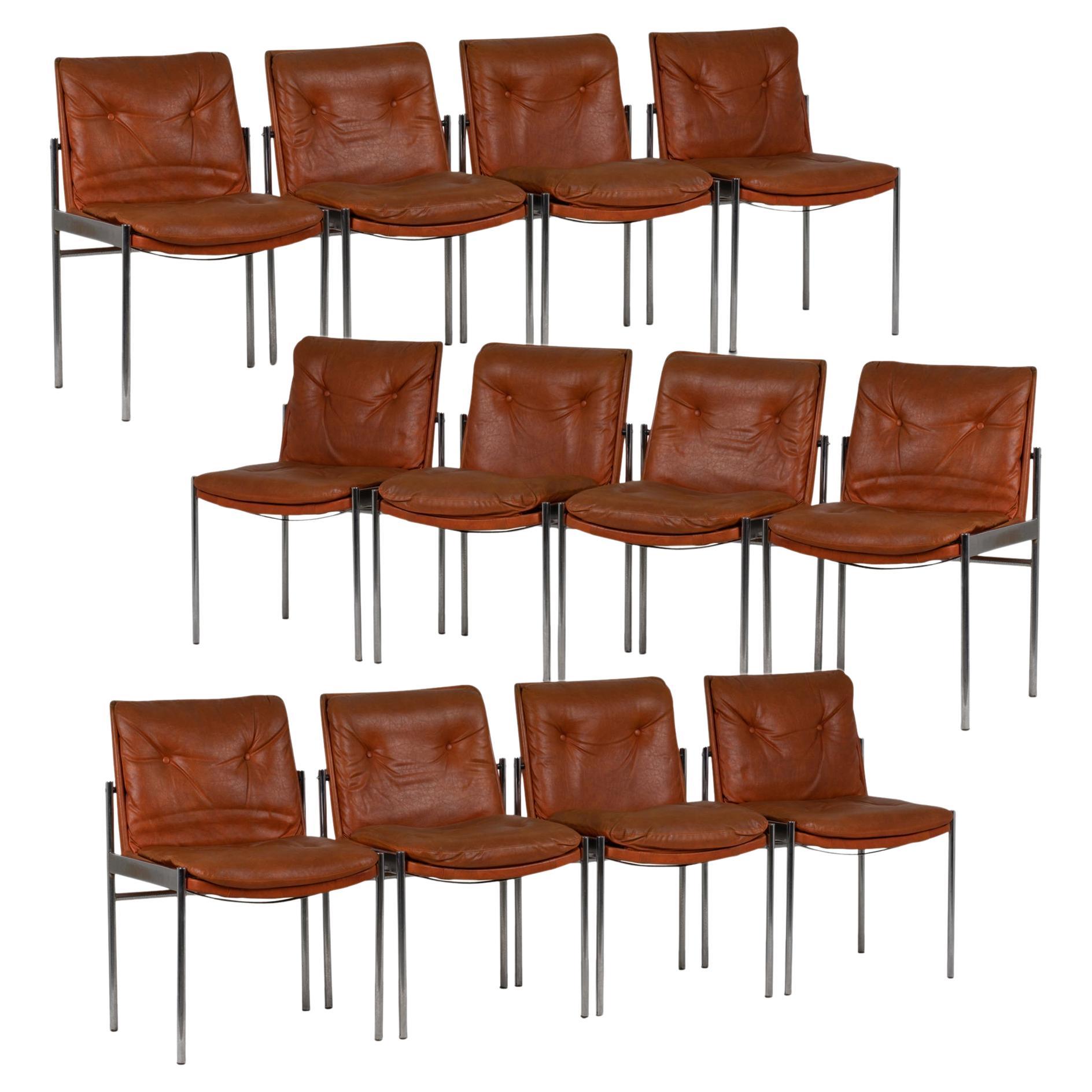 Series of Twelve Chairs in Leather and Chromed Metal, 1970s For Sale