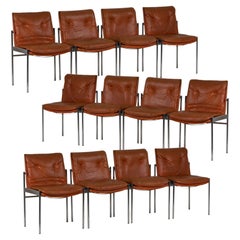 Retro Series of Twelve Chairs in Leather and Chromed Metal, 1970s