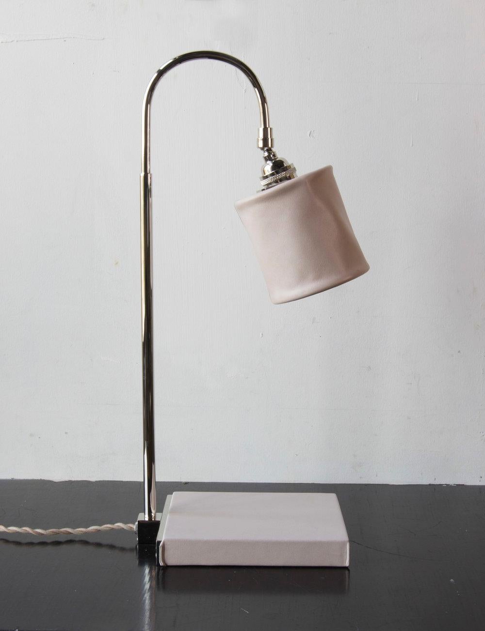 Series01 Desk Lamp, Hand-Dyed Ash 'Gray' Leather, Polished Unlacquered Brass For Sale 8