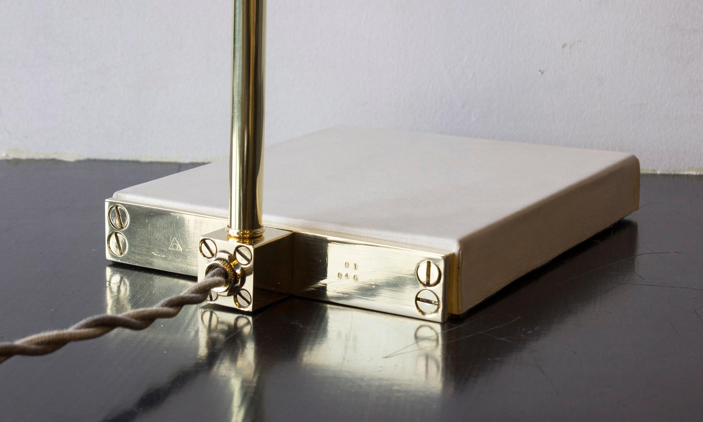 Bauhaus Series01 Desk Lamp, Hand-Dyed Ash 'Gray' Leather, Polished Unlacquered Brass For Sale