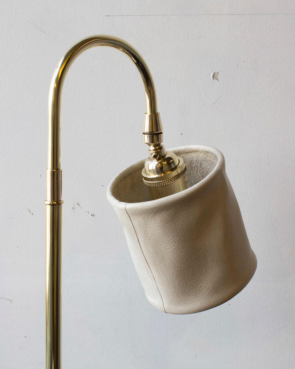 American Series01 Desk Lamp, Hand-Dyed Ash 'Gray' Leather, Polished Unlacquered Brass For Sale