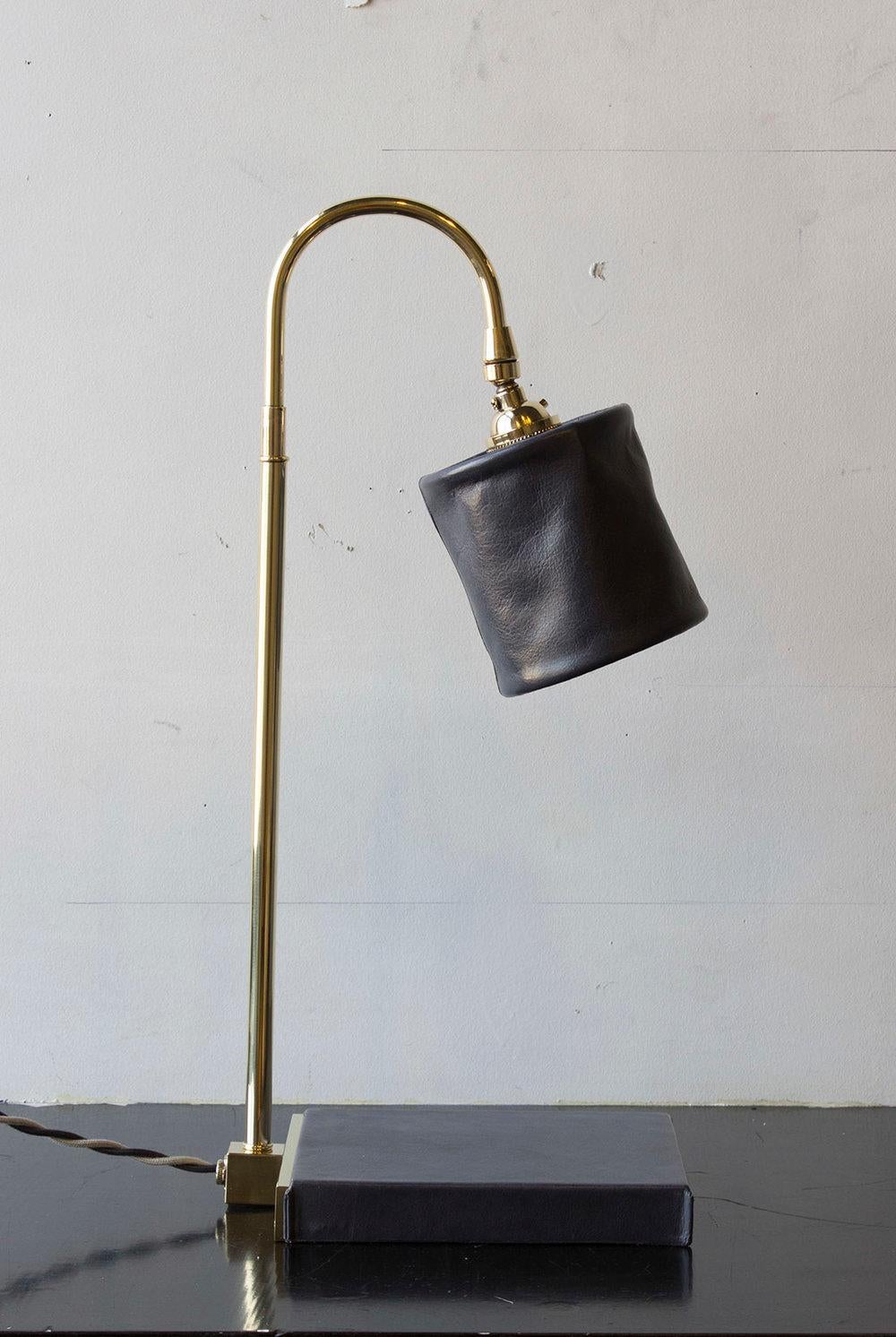 Series01 Desk Lamp, Hand-Dyed Ash 'Gray' Leather, Polished Unlacquered Brass For Sale 2