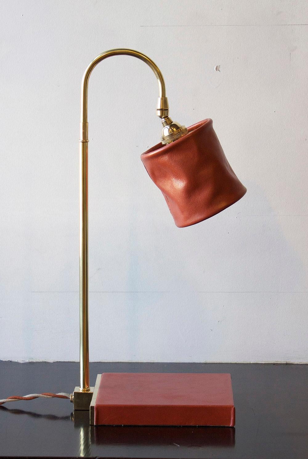 Series01 Desk Lamp, Hand-Dyed Ash 'Gray' Leather, Polished Unlacquered Brass For Sale 3