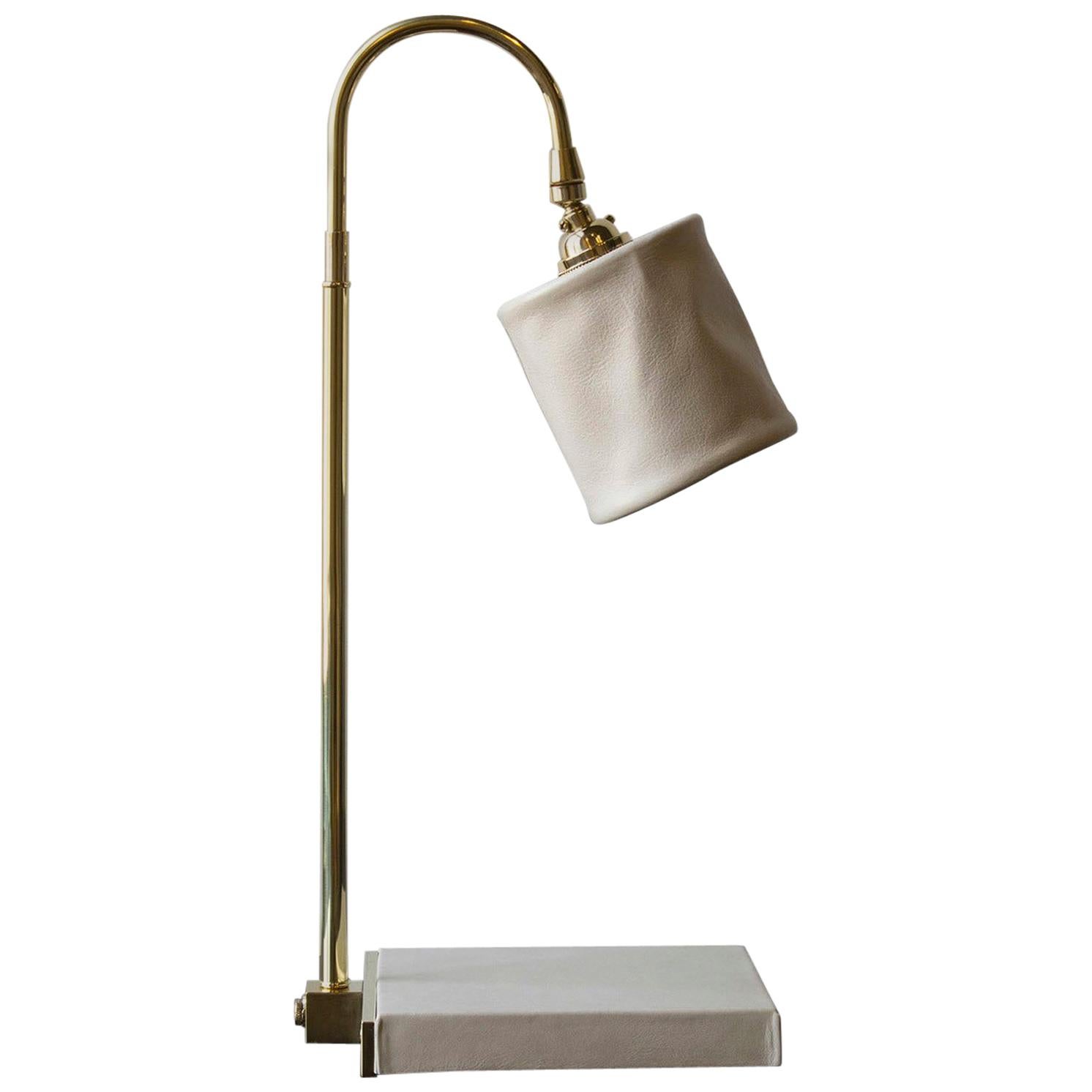 Series01 Desk Lamp, Hand-Dyed Ash 'Gray' Leather, Polished Unlacquered Brass For Sale