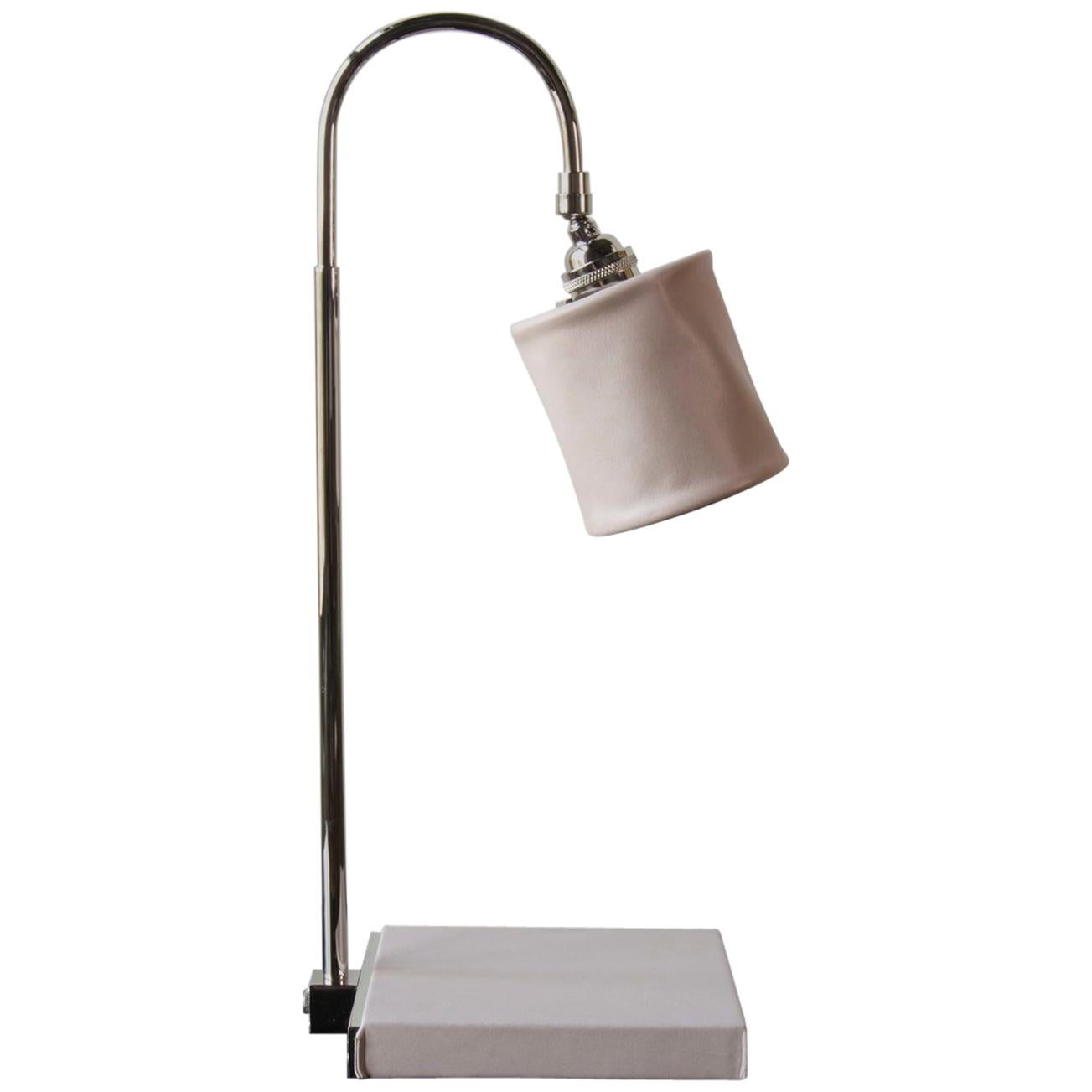 Series01 Desk Lamp, Hand-Dyed Blush 'Pink' Leather, Polished Nickel-Plated Brass For Sale