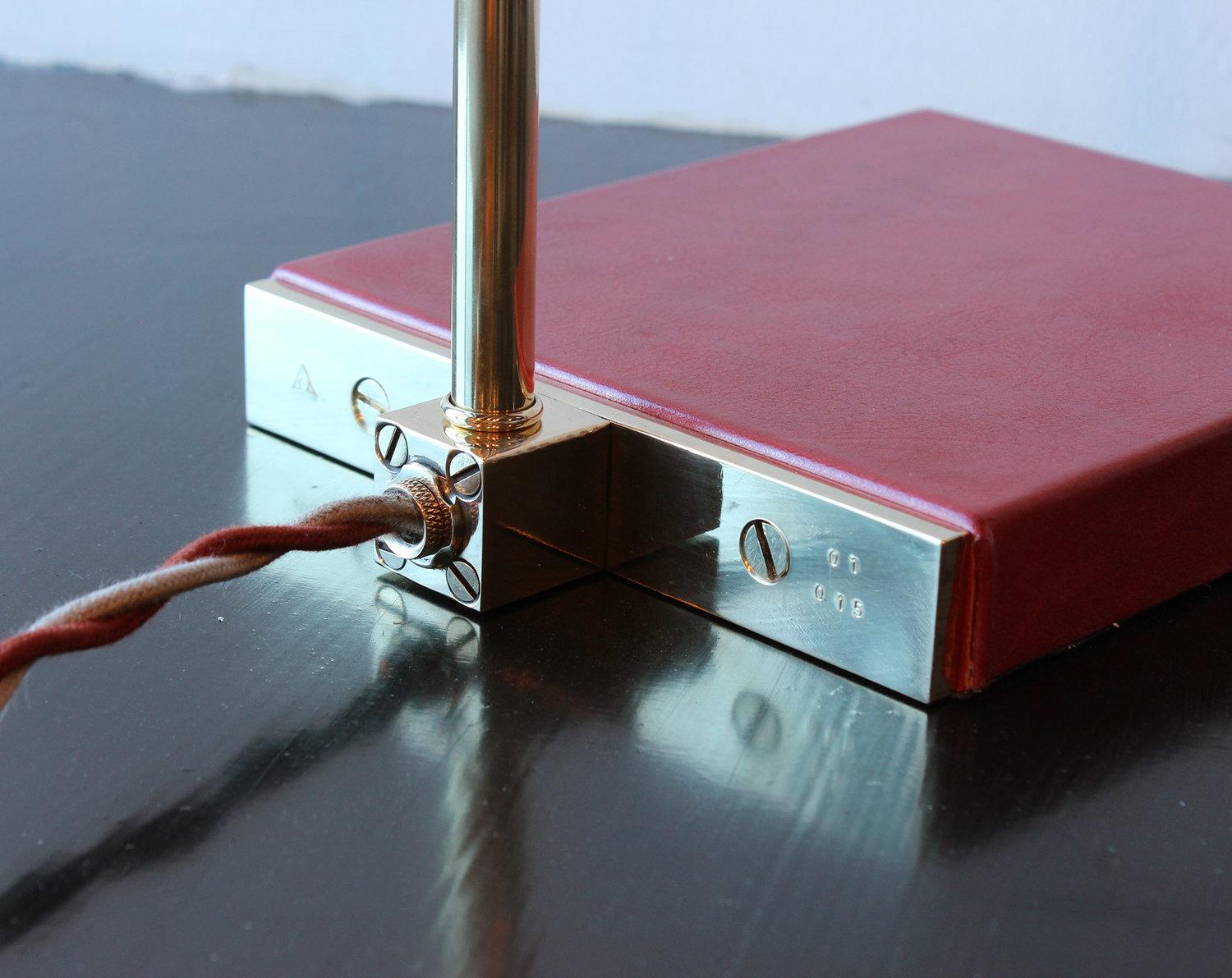 Bauhaus Series01 Desk Lamp, Hand-Dyed Gochujang Red Leather, Polished Unlacquered Brass For Sale